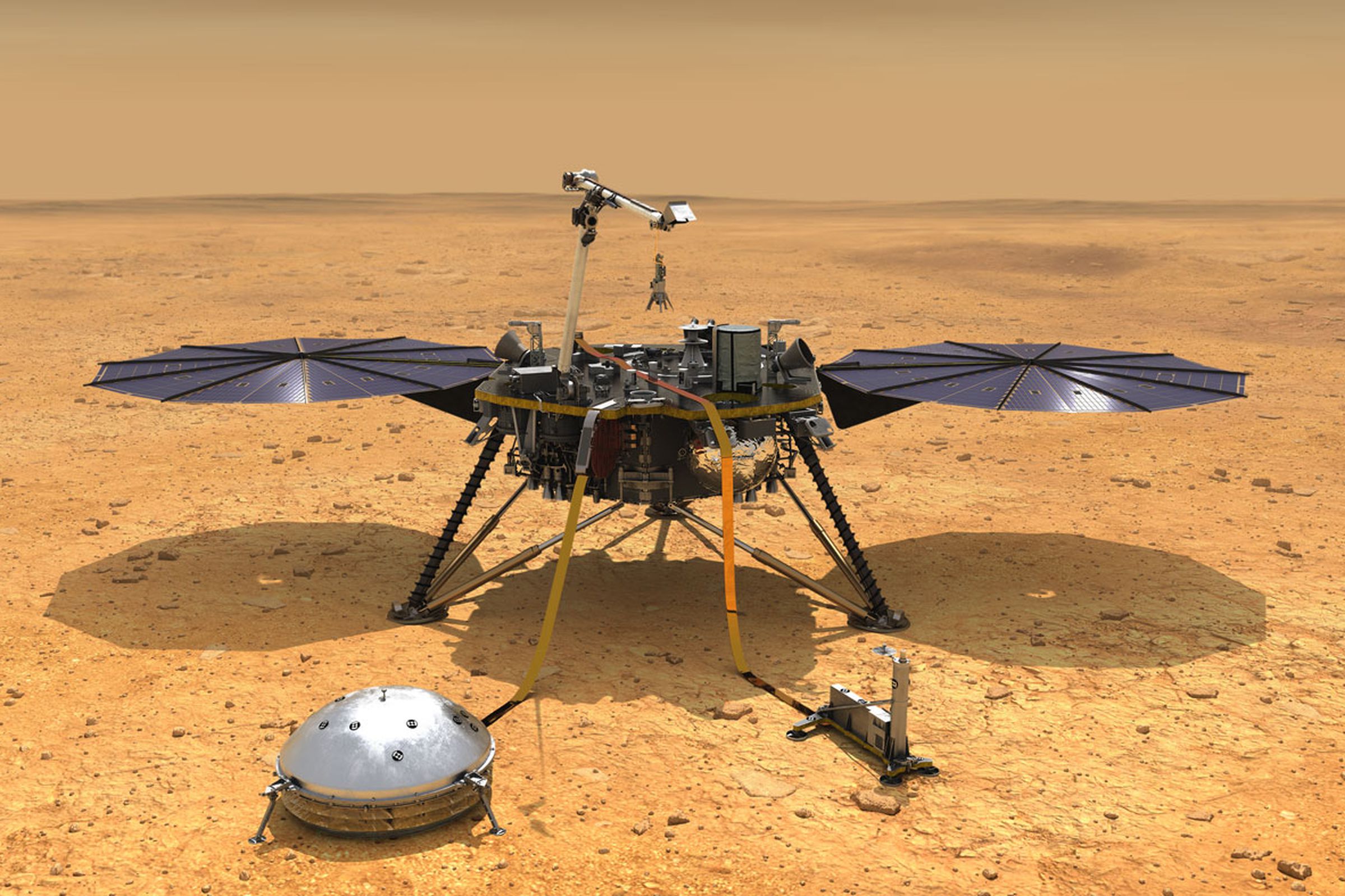 An artistic rendering of NASA’s InSight lander with both of its main instruments deployed.