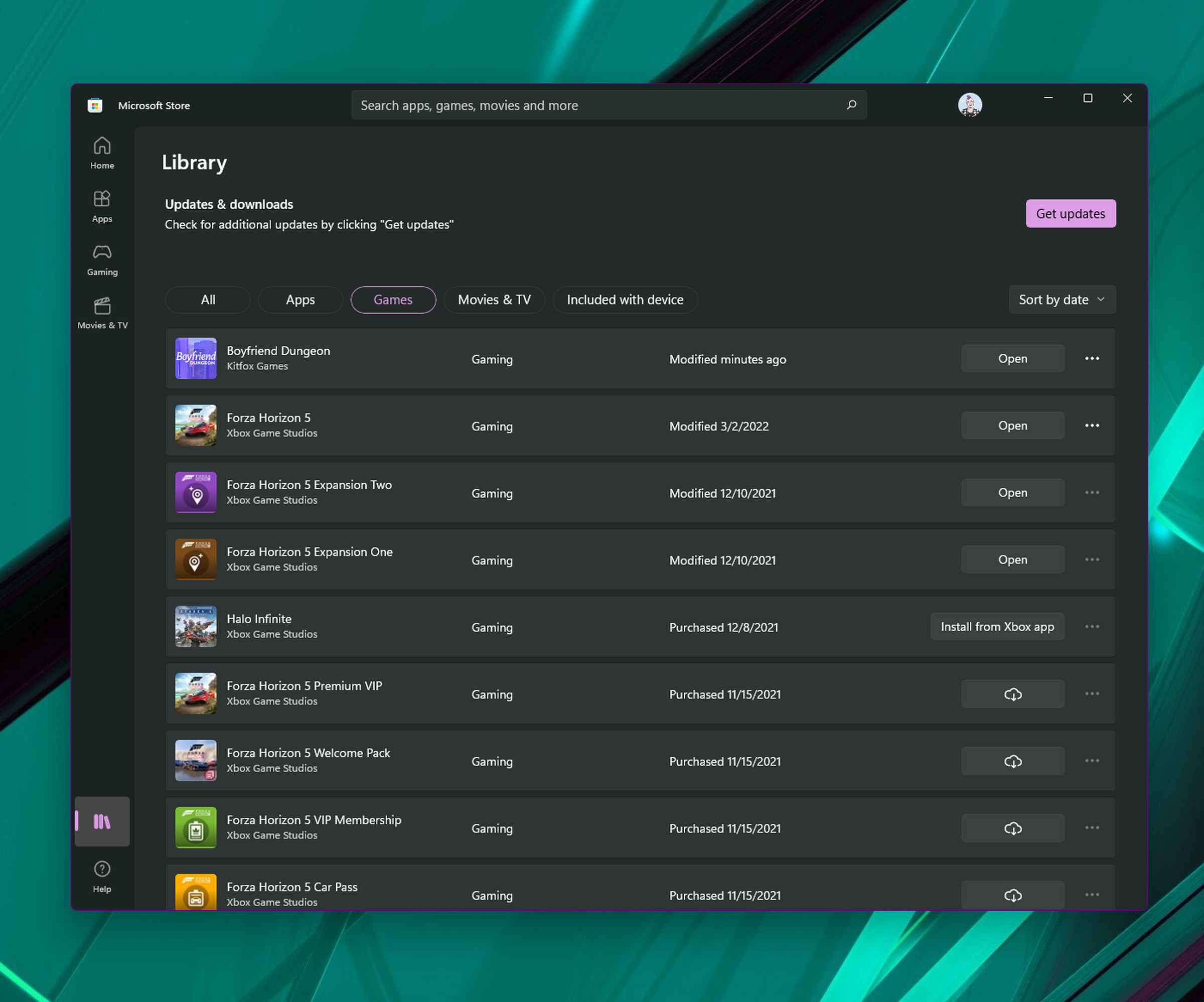 “My Library” shows you a list of all your apps and can sort your purchased or GamePass titles
