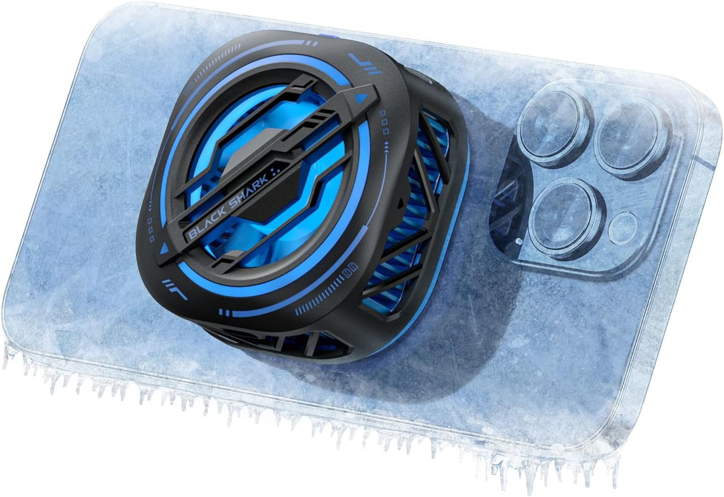 A black, rounded square fan with blue light sits on the back of a frozen iPhone with mild icicles.