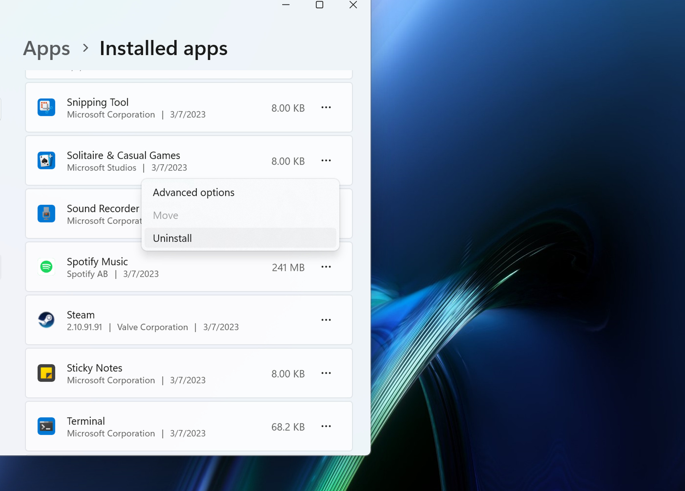 A screenshot of the Installed Apps menu in Windows 11 settings with Uninstall highlighted next to Solitaire. 
