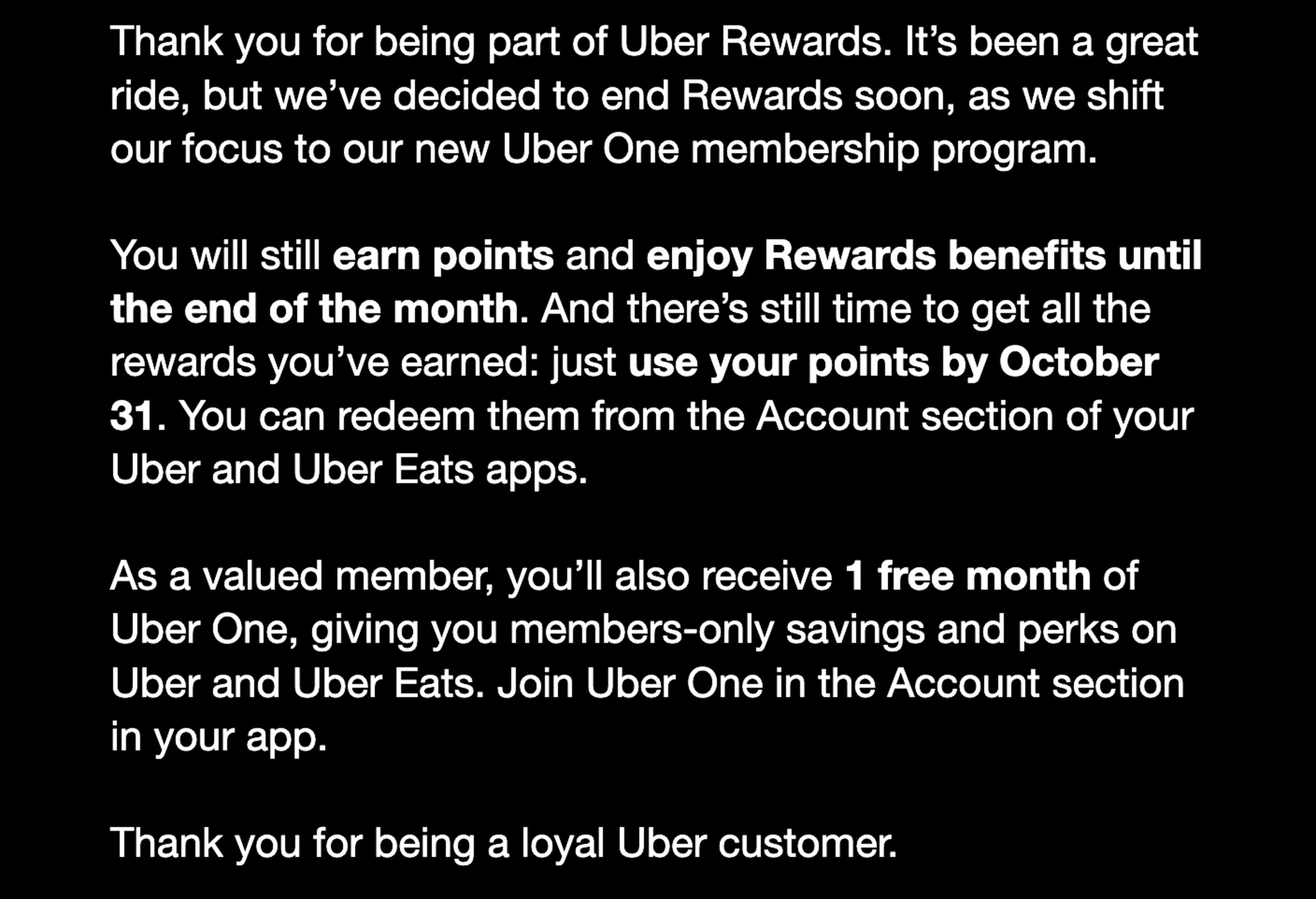 The email sent to Uber Rewards users.