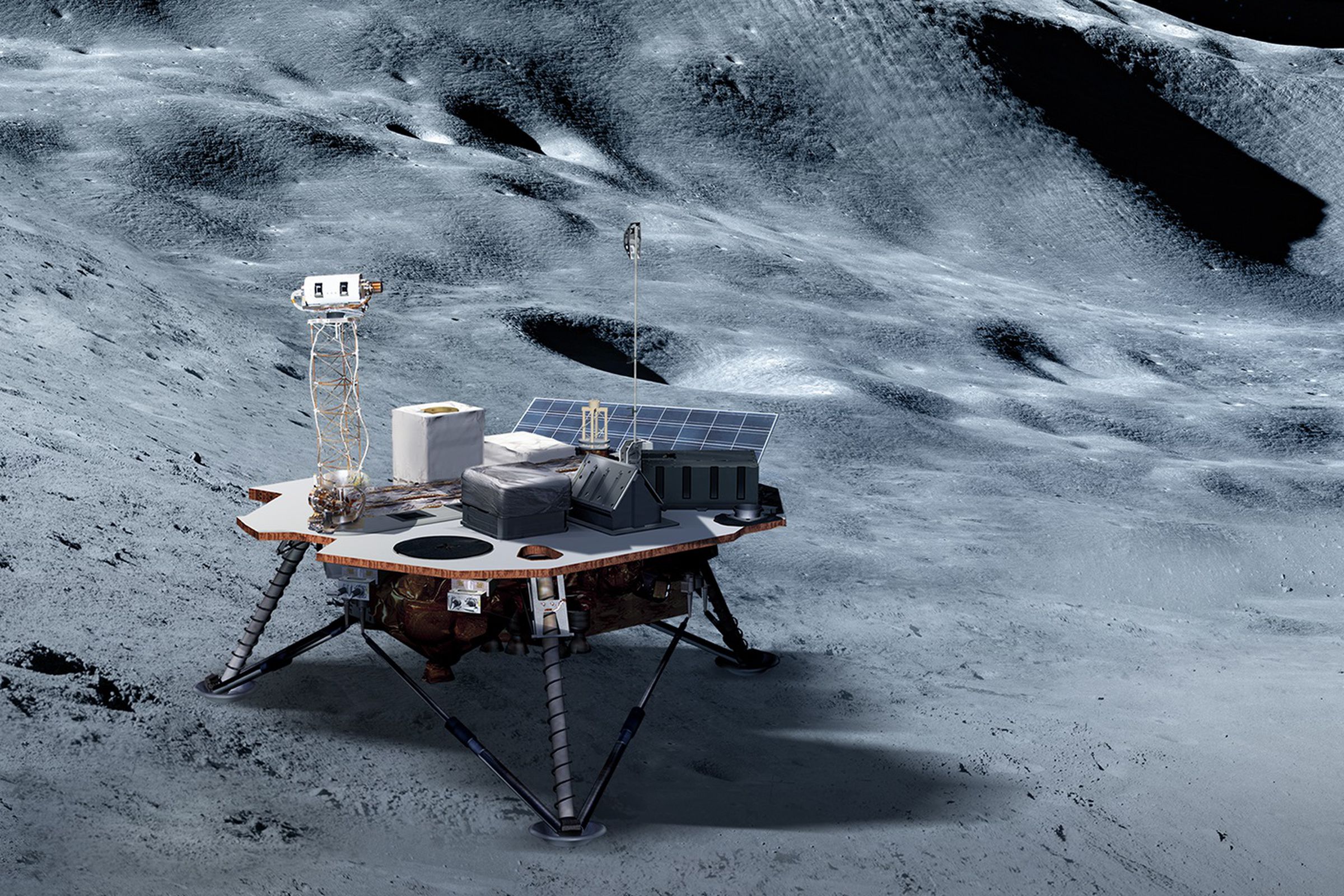 An artistic rendering of a robotic lander on the Moon’s surface.