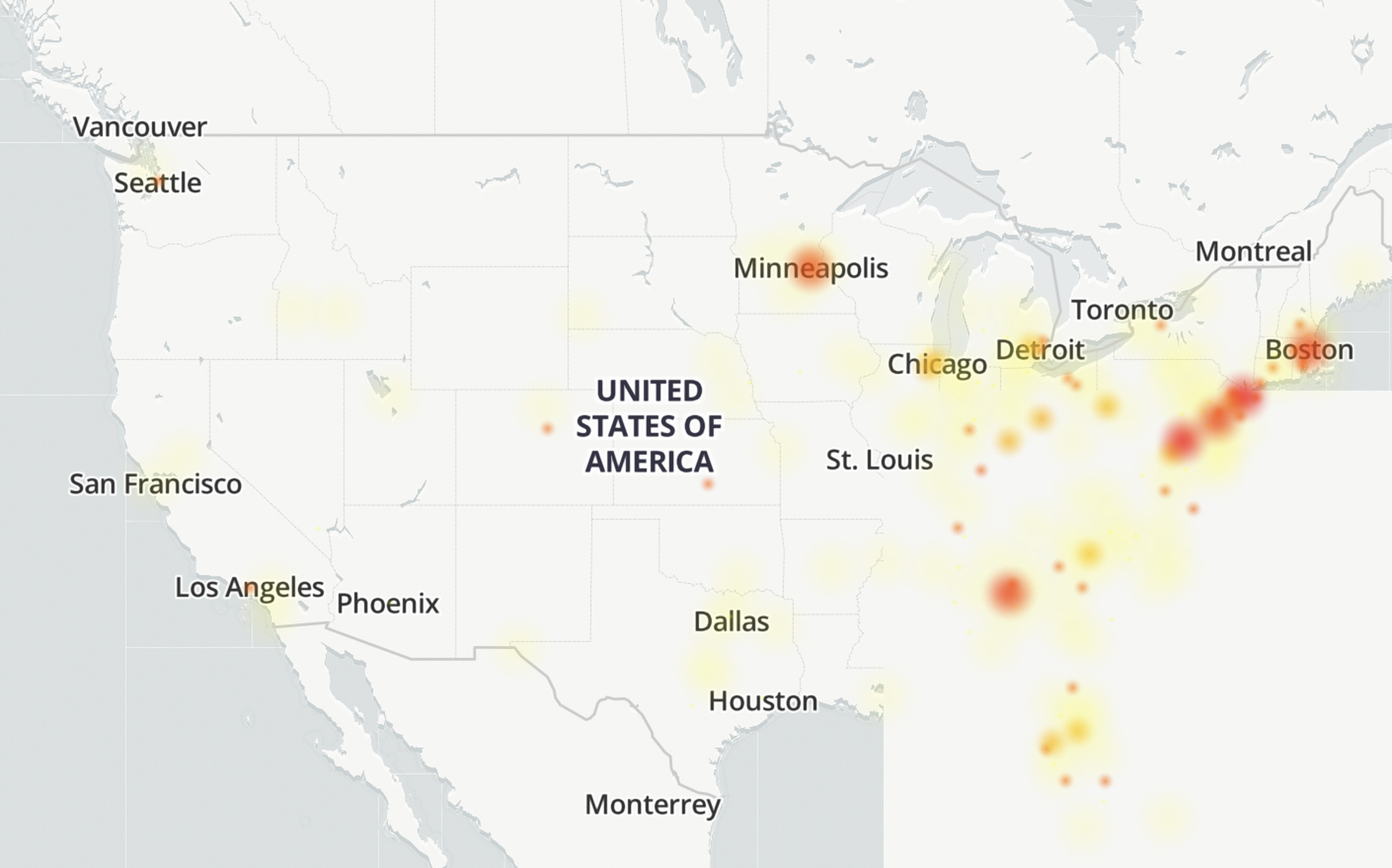 Downdetector map showing T-Mobile outage concentrated along the East Coast and Midwest.
