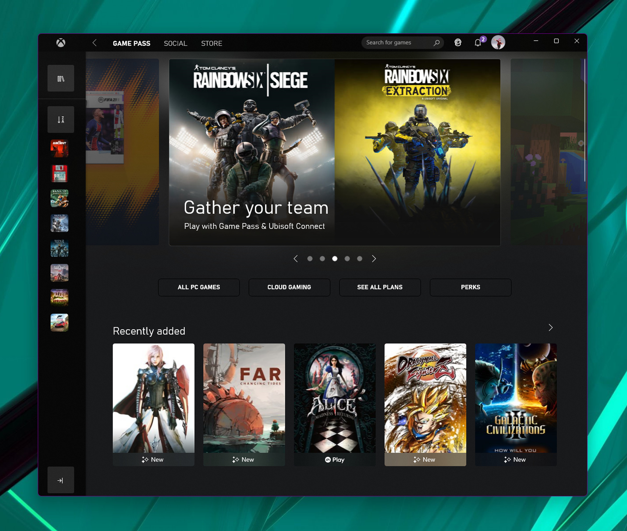 The home screen of the GamePass app