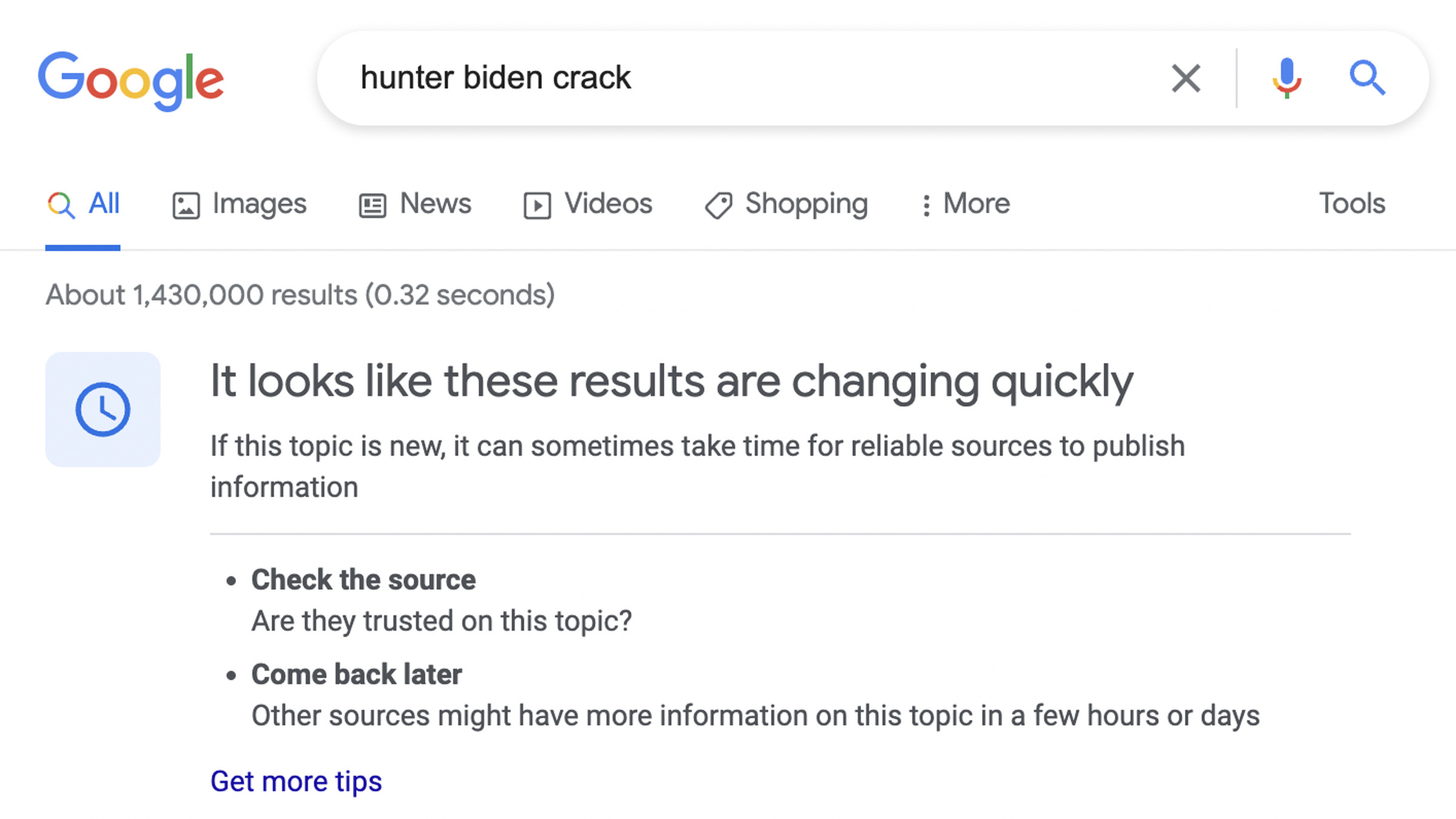 Search terms related to the leaked data returned a notice from Google about quickly changing results.
