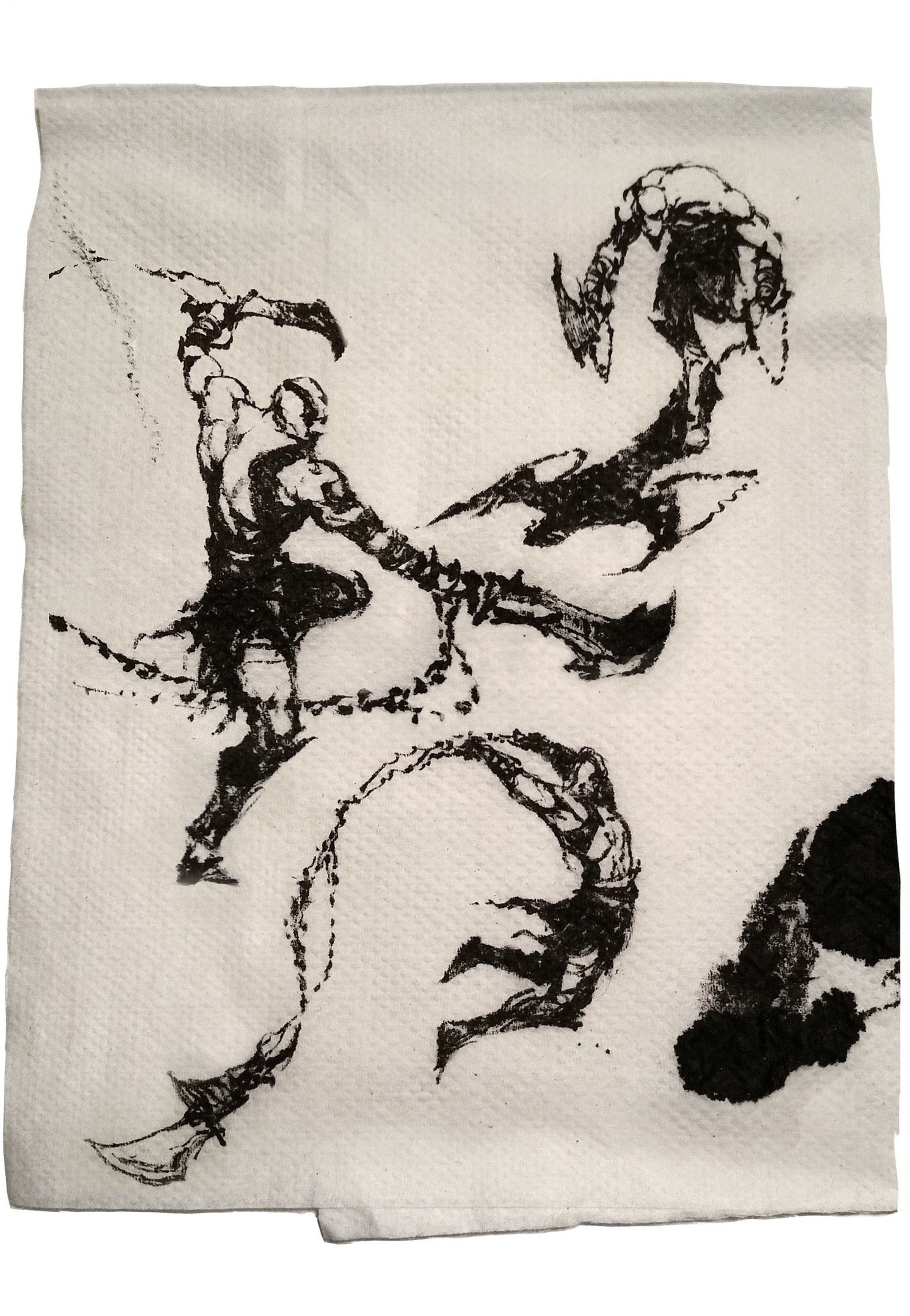 Image of a napking featuring several sketches of Kratos drawn in black ink.