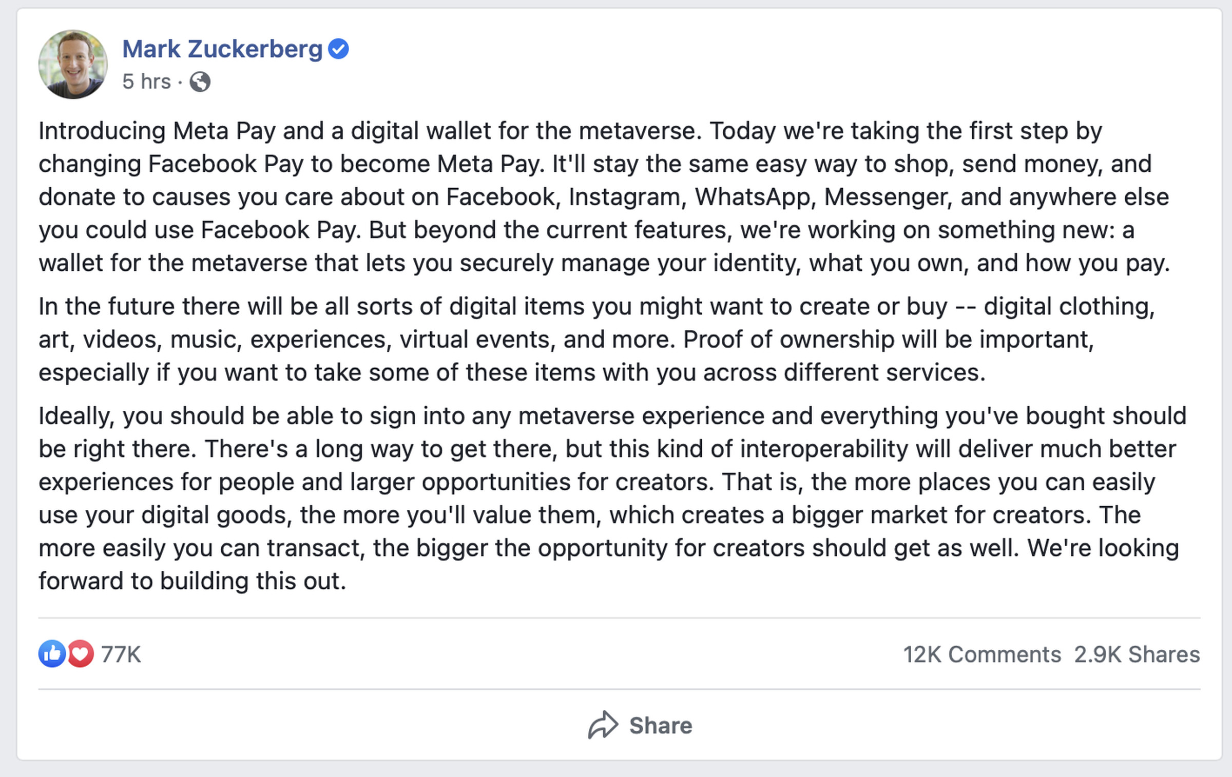 A Facebook post from Mark Zuckerberg, talking about the company’s plans for Meta Pay and a wallet for the metaverse.