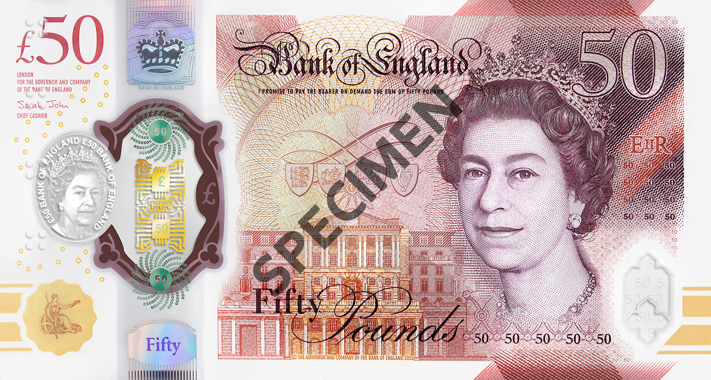 The rear of the note features standard elements for UK bank notes, including a portrait of Queen Elizabeth II. 