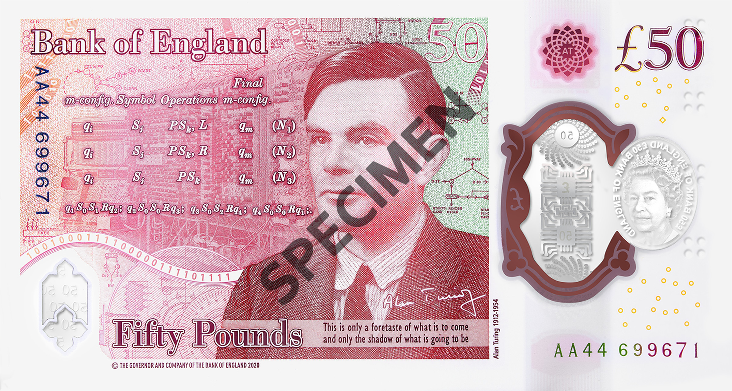 The note features a photograph of Turing in front of technical drawings for the bombe machine and a photograph of the Automatic Computing Engine (ACE) Pilot Machine. 