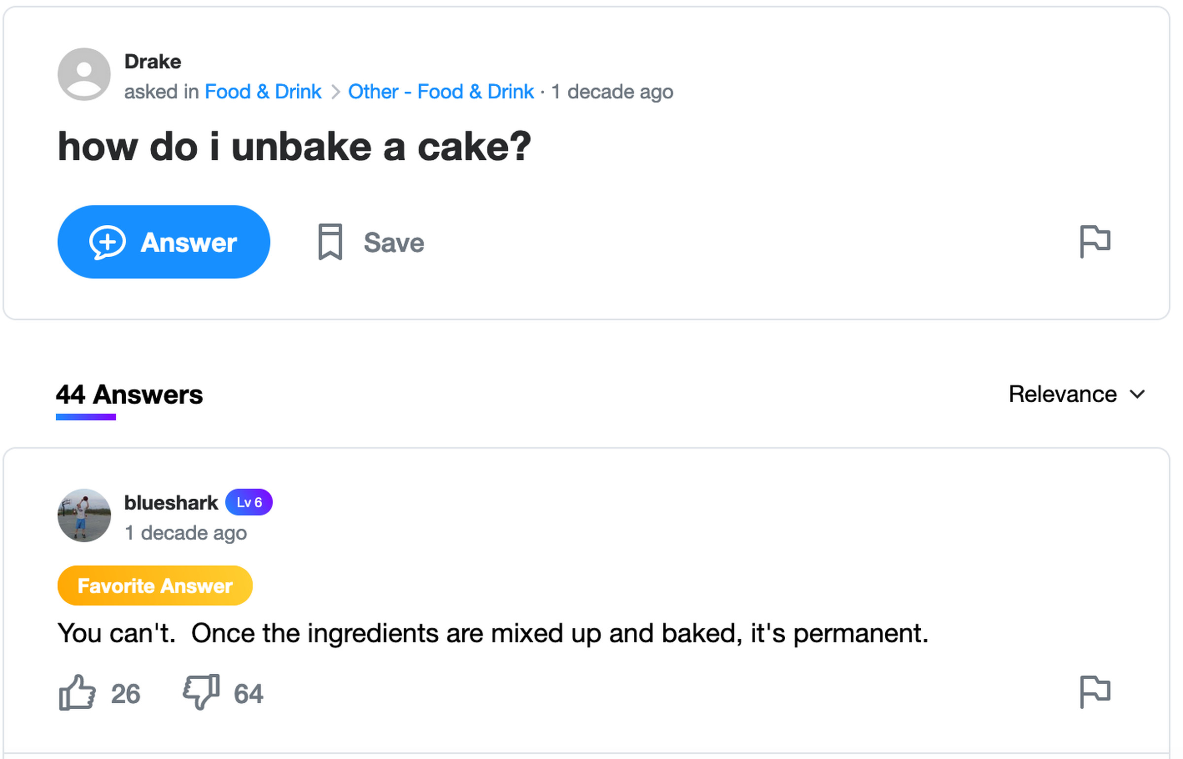 Screenshot of Yahoo! Answers inquiry “How do I unbake a cake?”