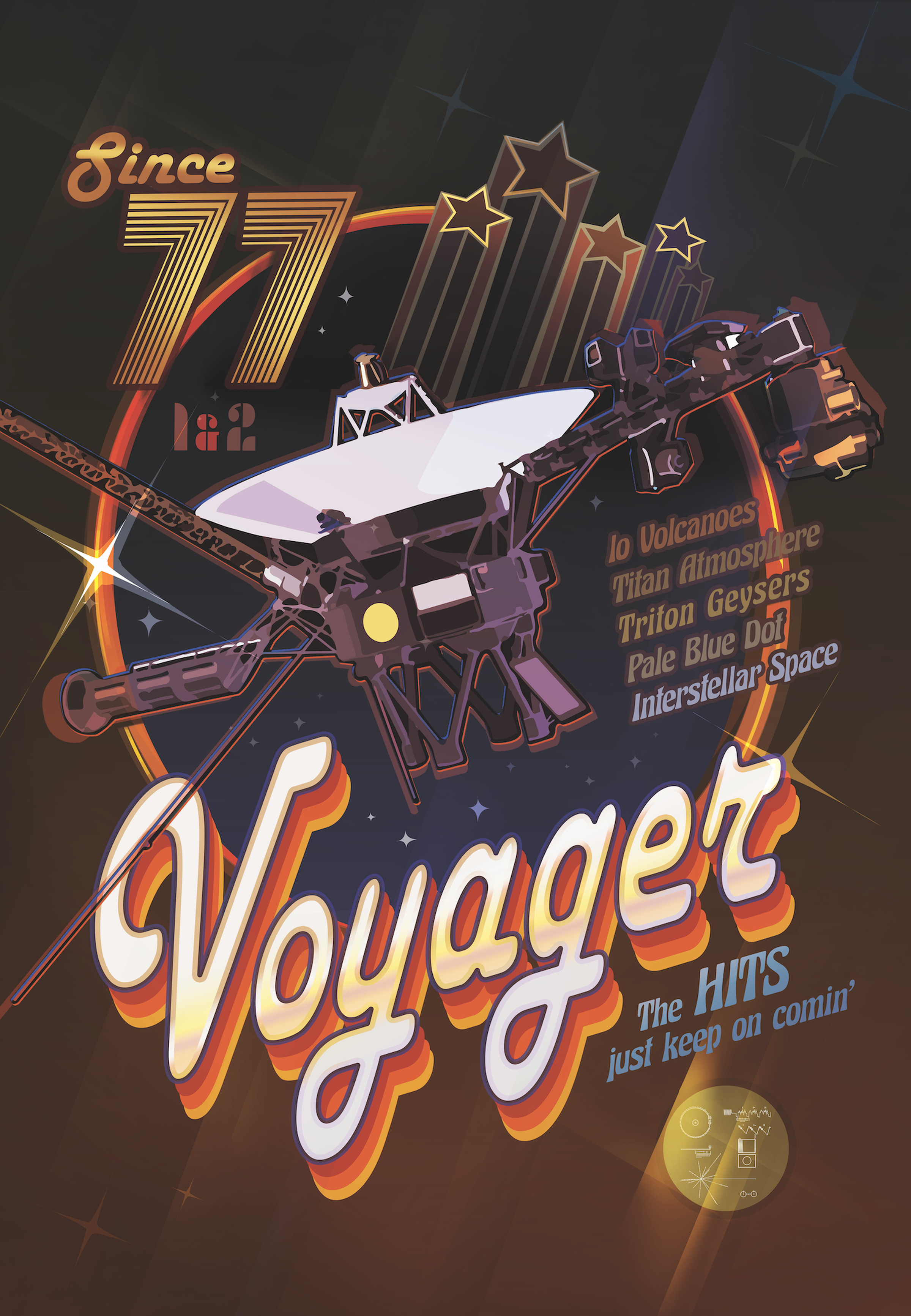 A 1970s disco-style poster showing one of the Voyager spacecraft.