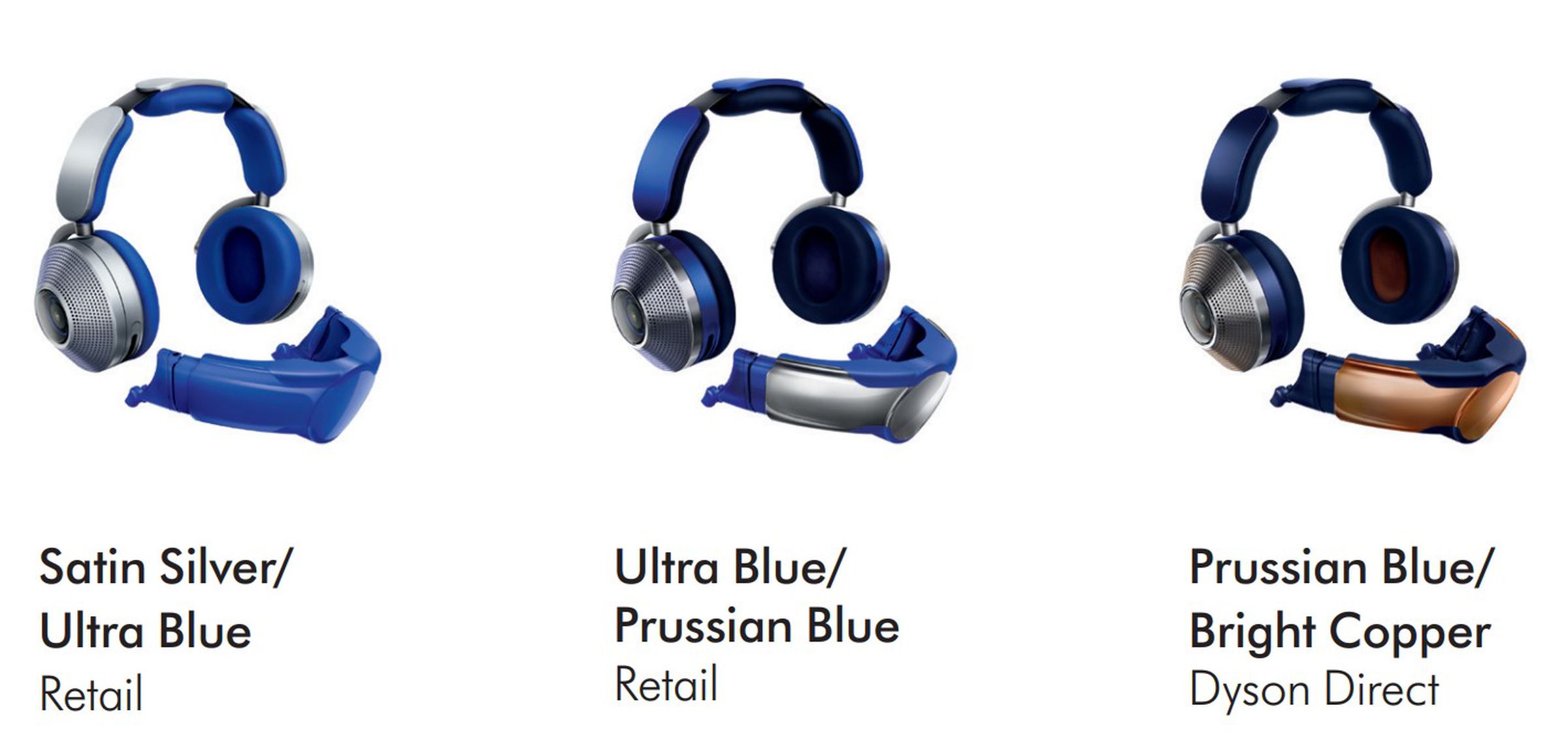 Three versions of the Dyson Zone headphones in various blue / metallic shades.