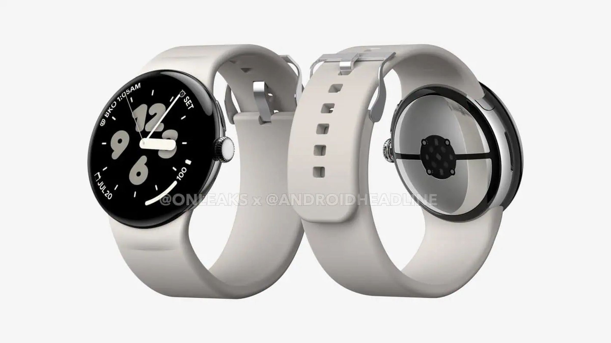 Two renderings of the front and back of the 45mm Pixel Watch 3.
