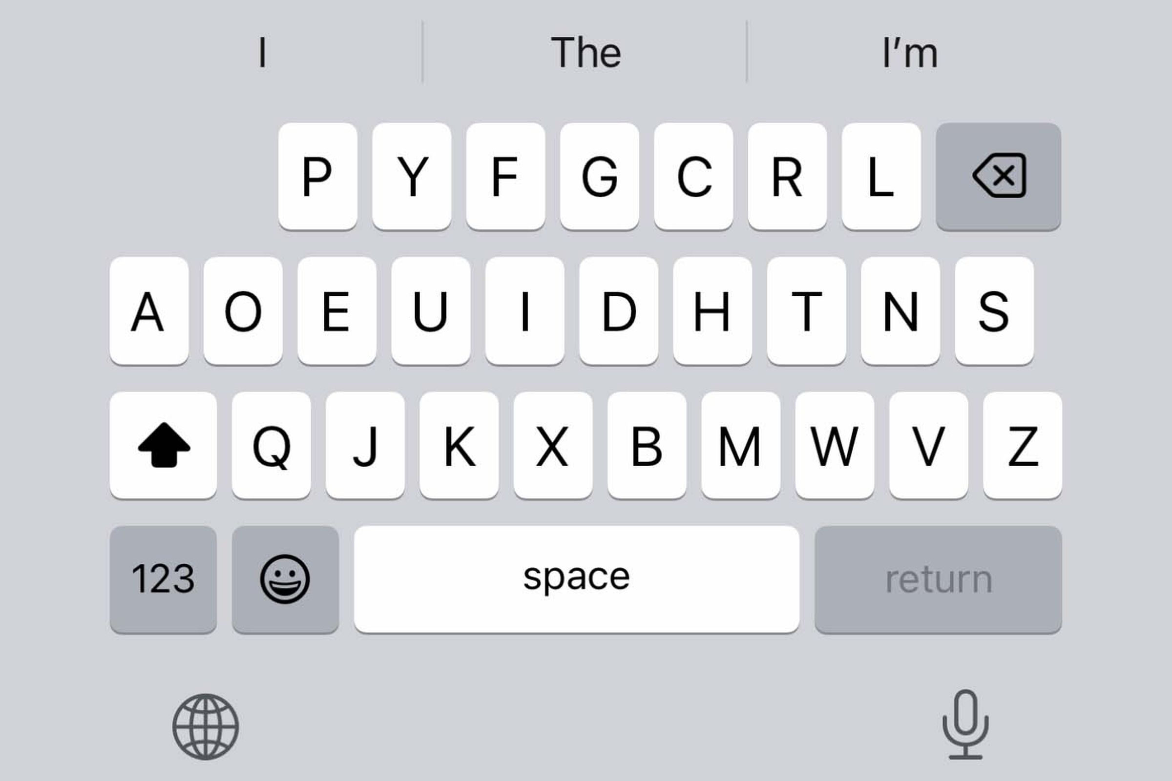 Apple’s native iOS keyboard in Dvorak layout.