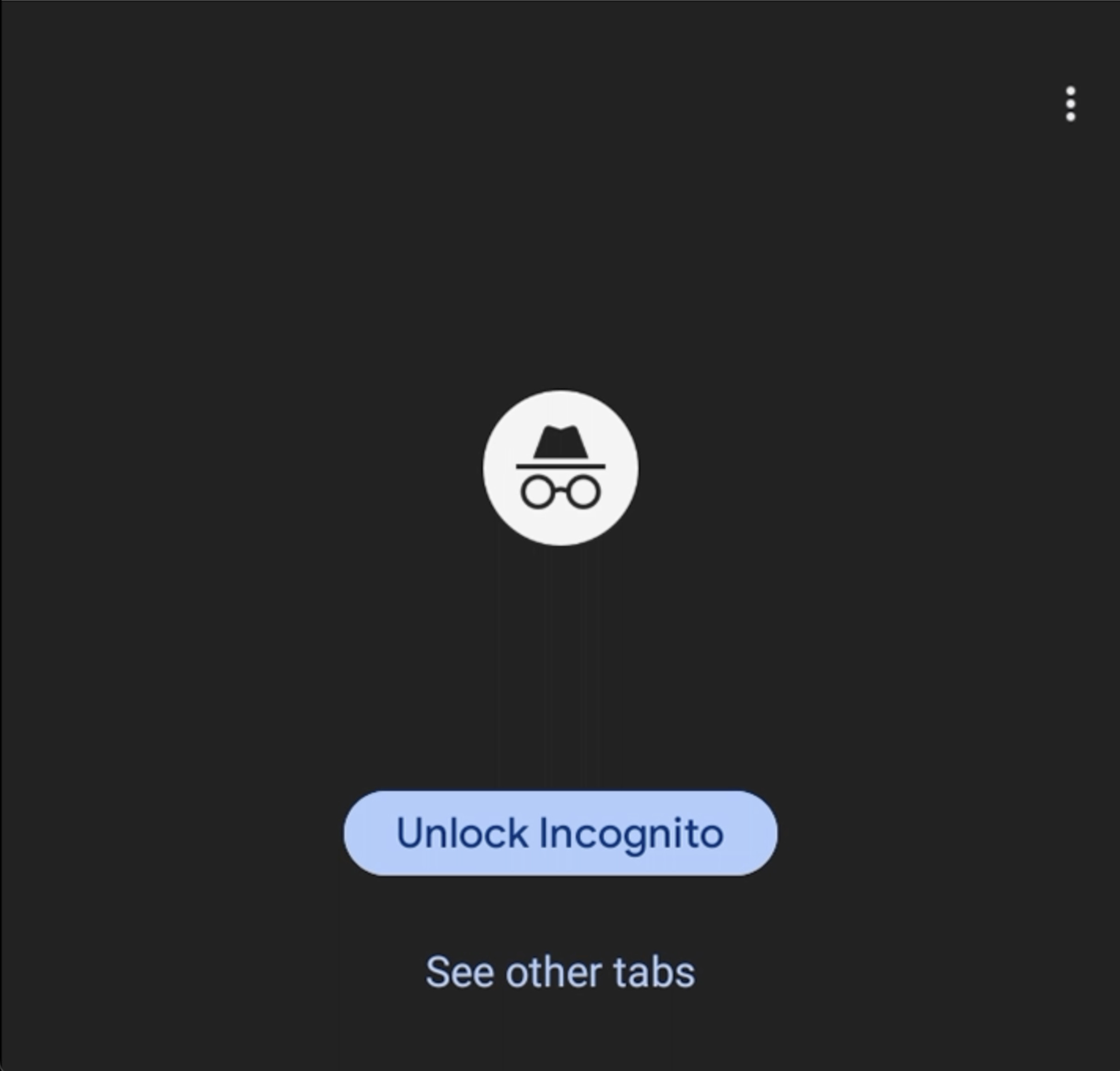 Screenshot of the unlock incognito screen, with a button 