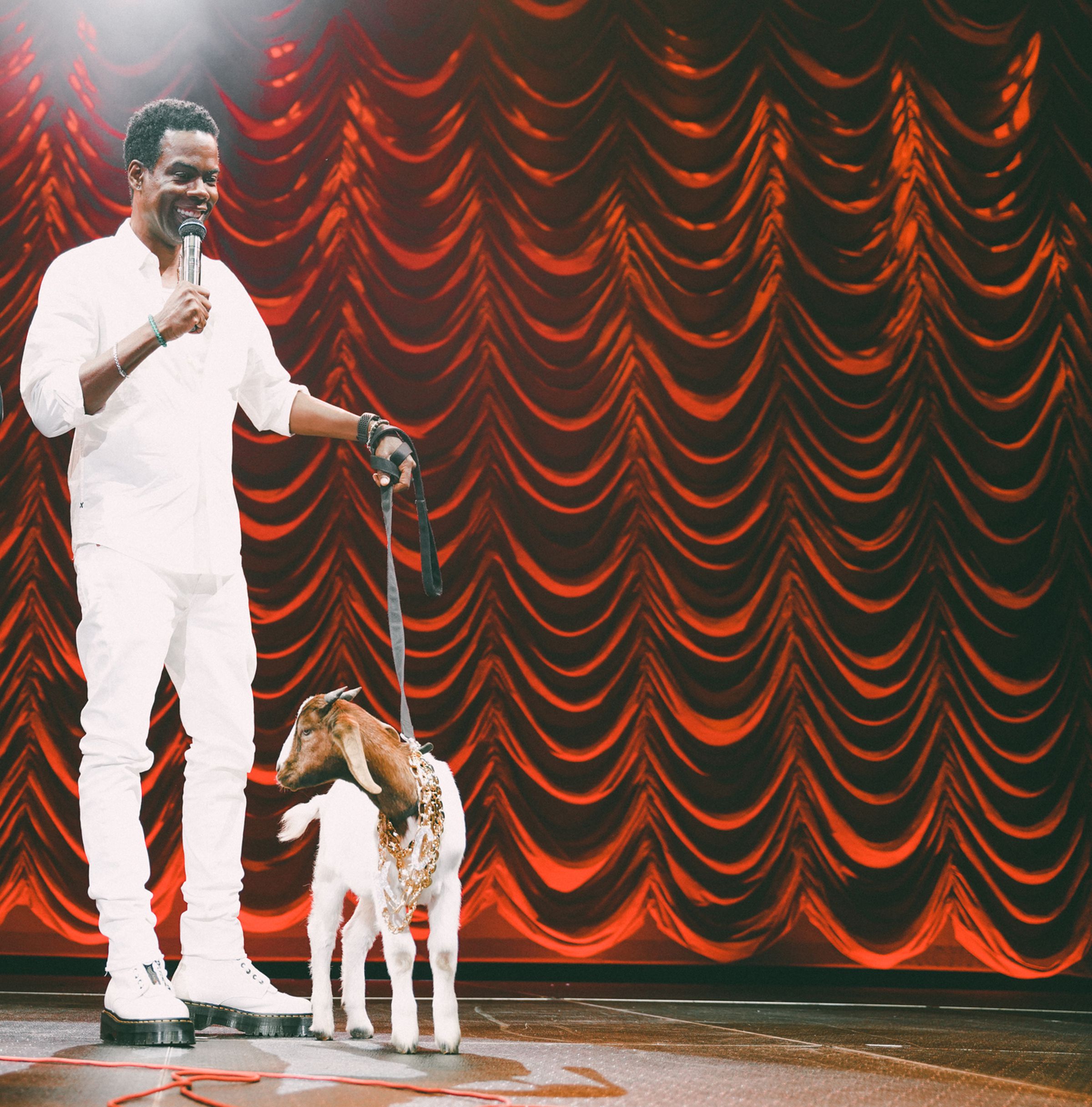 Chris Rock shown performing comedy on a stage with a donkey.