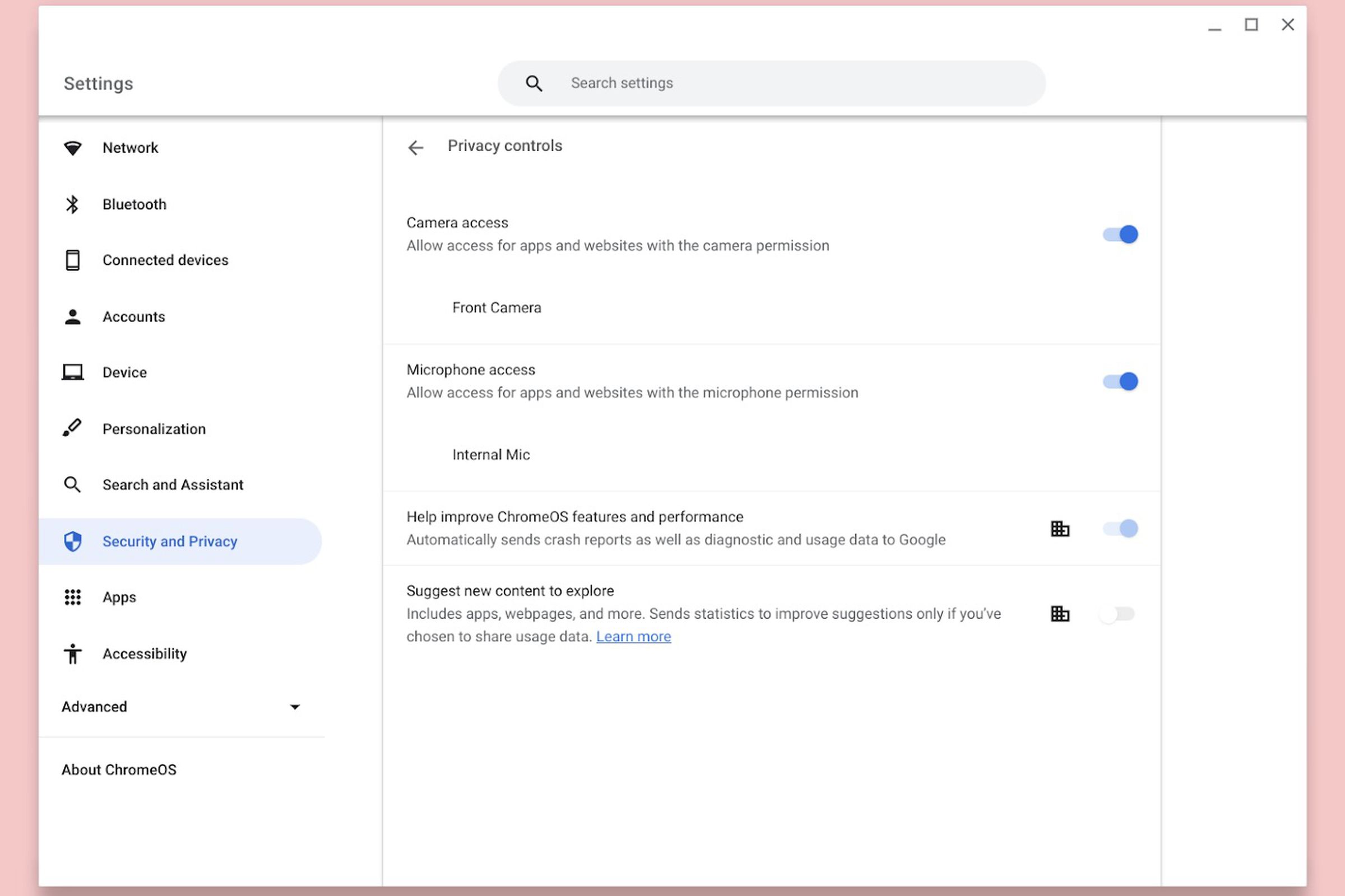 New Privacy Controls panel in ChromeOS.
