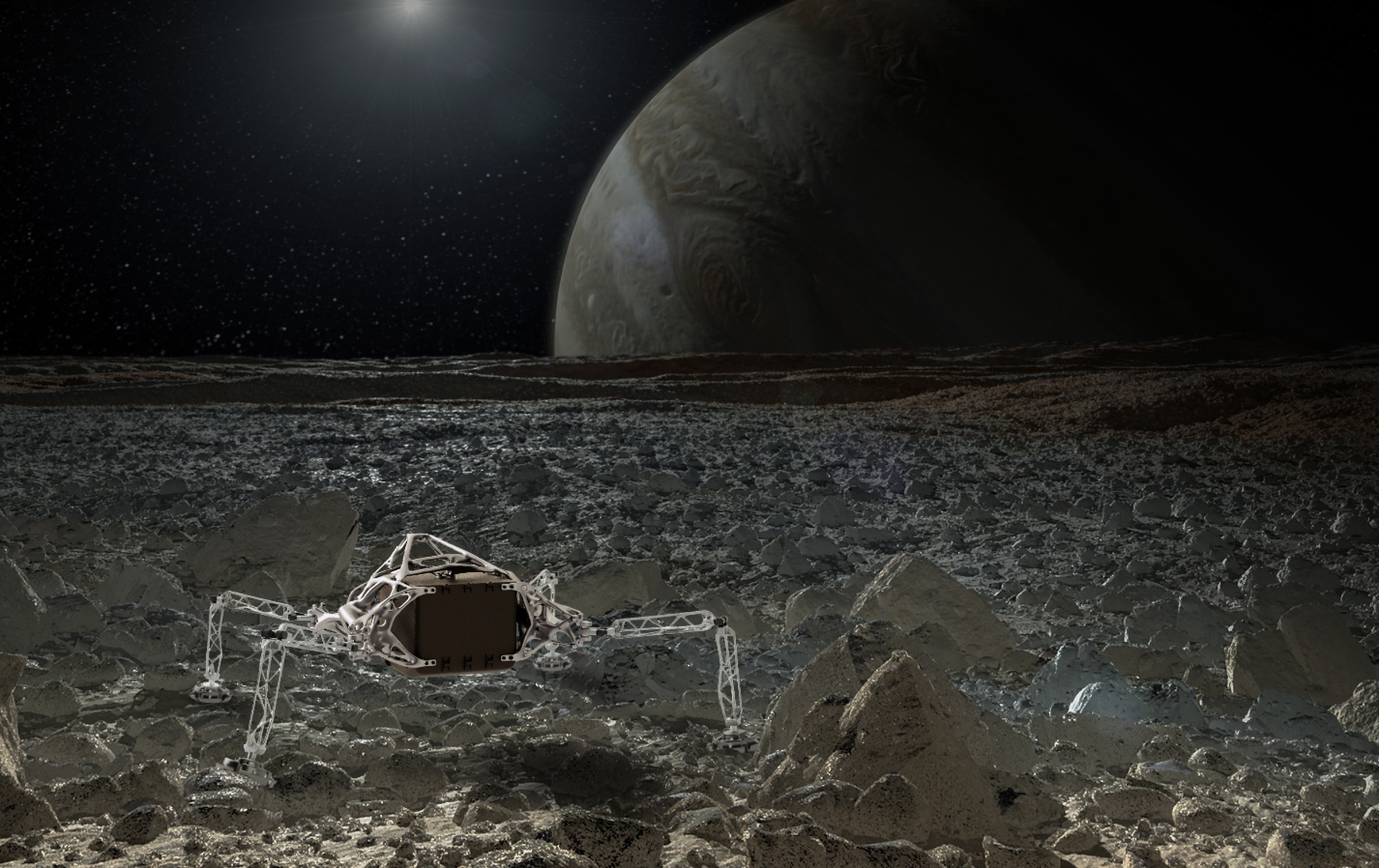 An artistic rendering of the JPL / Autodesk lander on the surface of Europa