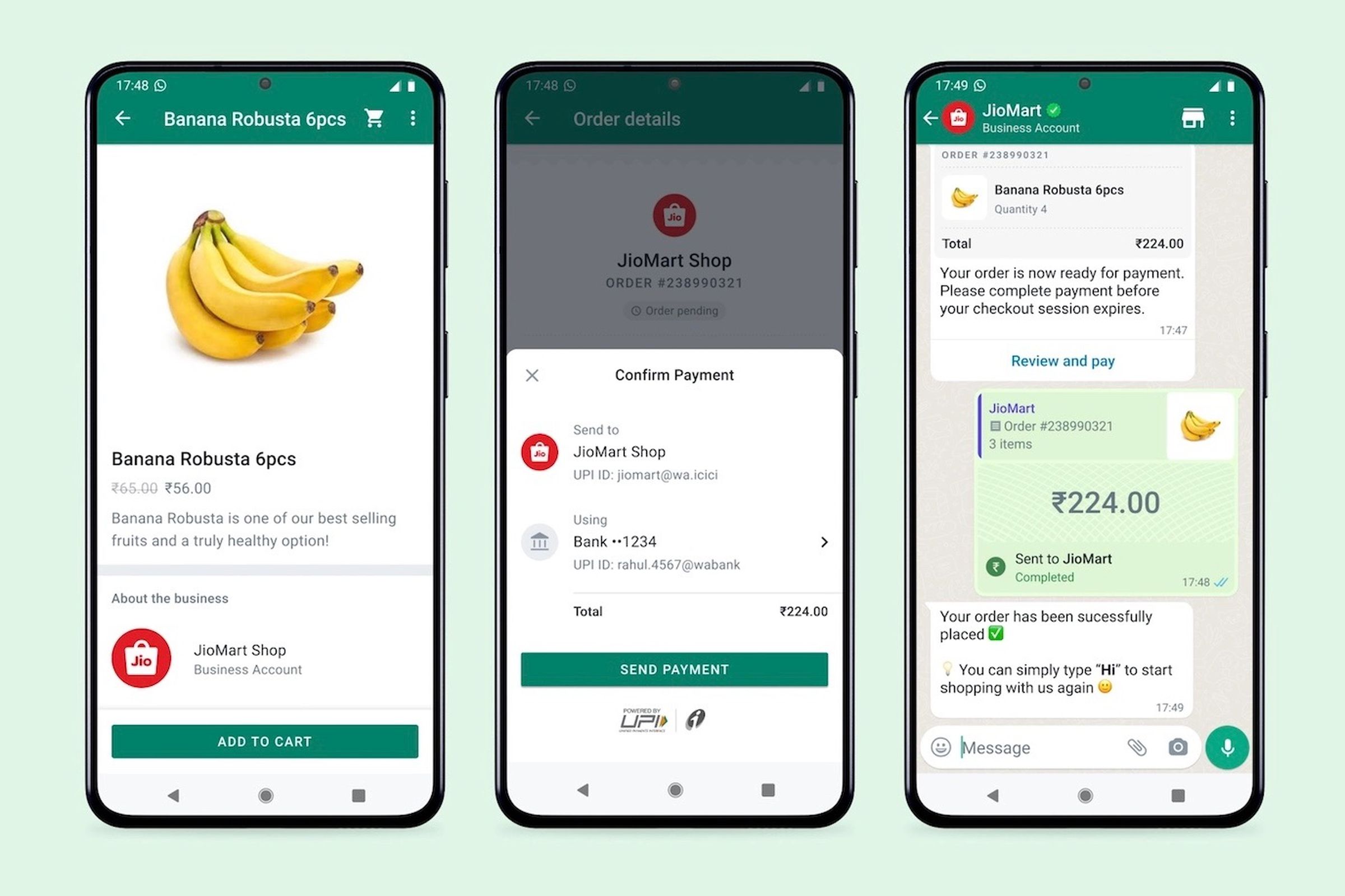 Three screenshots showing a JioMart integration in WhatsApp