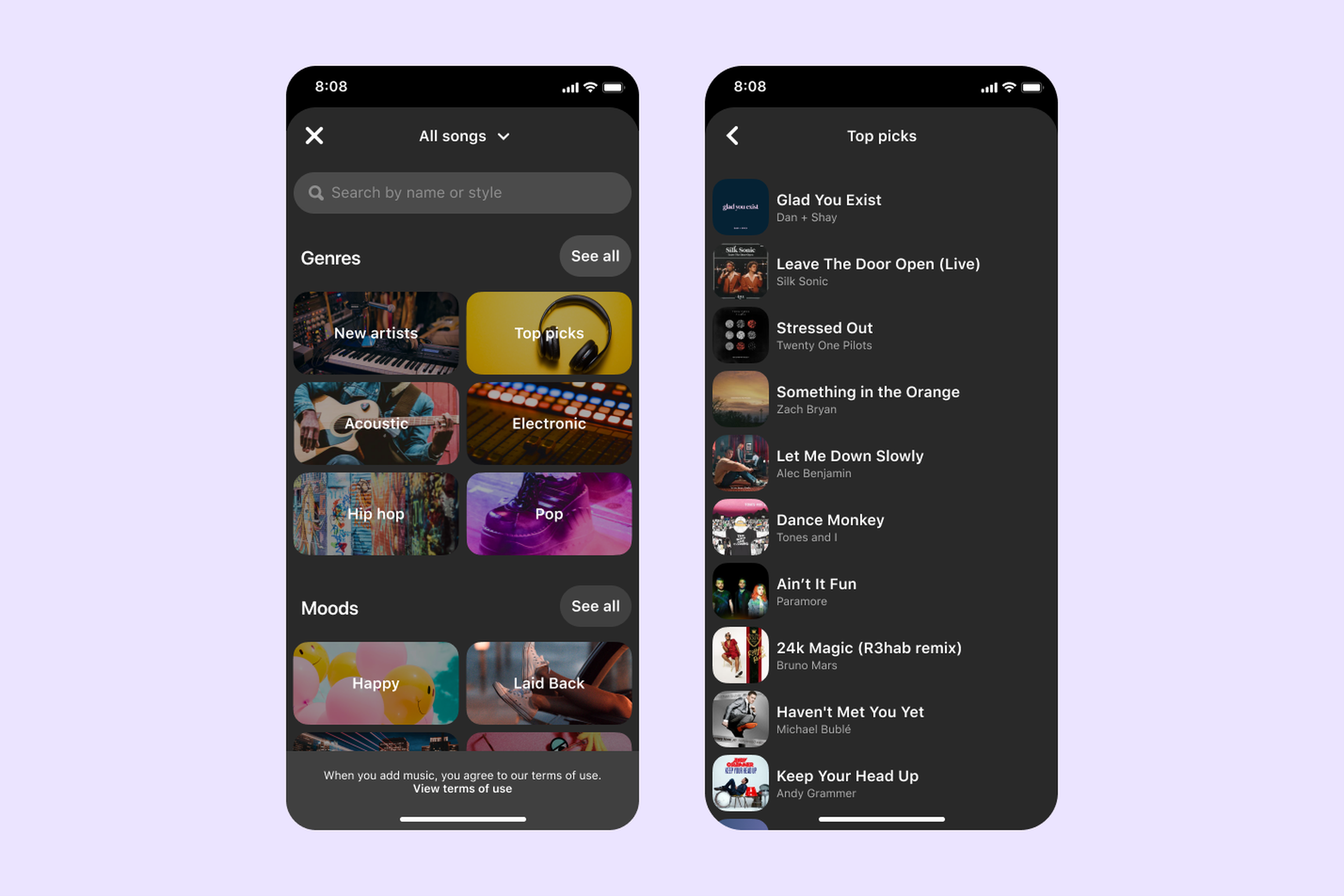 Two screens showing the Pinterest app with music available to add to shortform videos. Options include Twenty One Pilots, Paramore, and Silk Sonic.