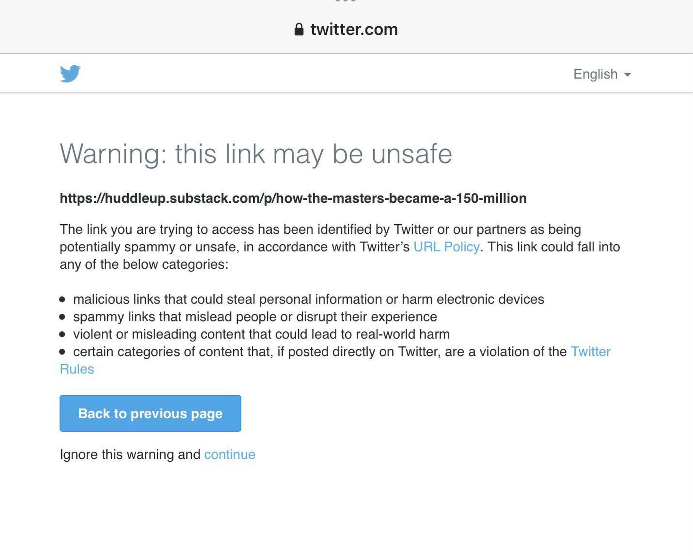 Screenshot of Twitter’s warning page that pops up when you try to follow a Substack link.