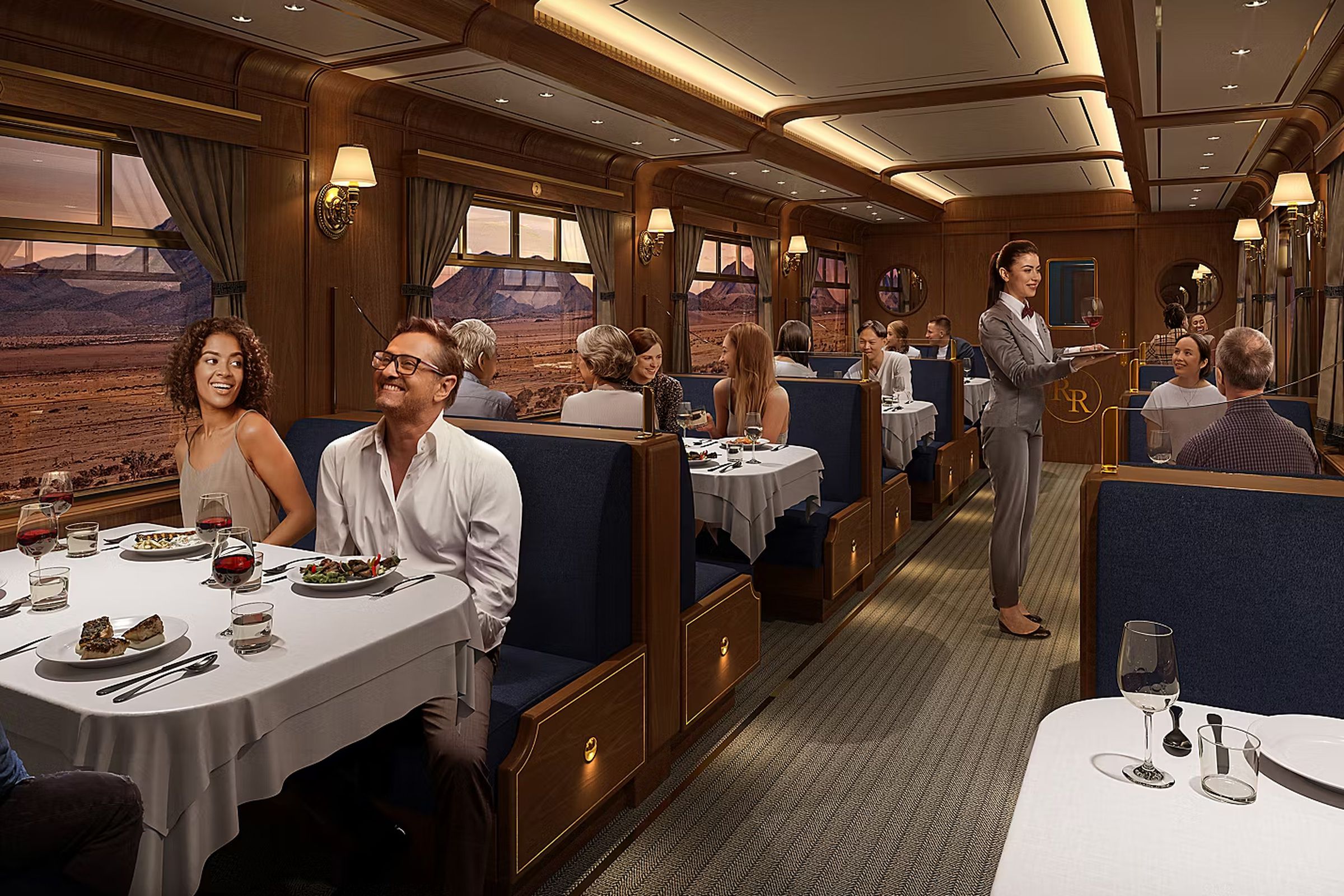 A rendered look a the Royal Railway Utopia Station immersive train experience restaurant.