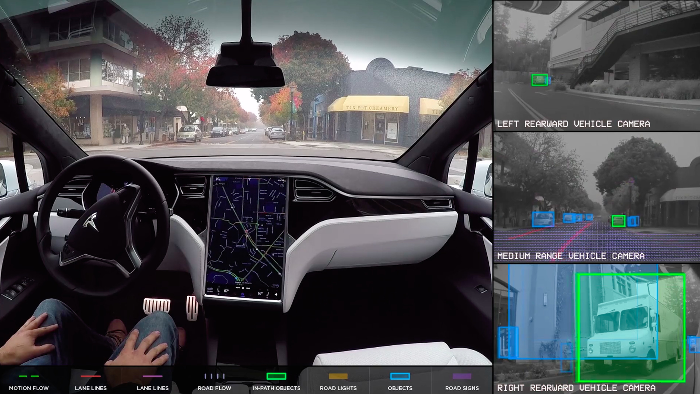 Still image from a Tesla video demonstrating Autopilot in action. 