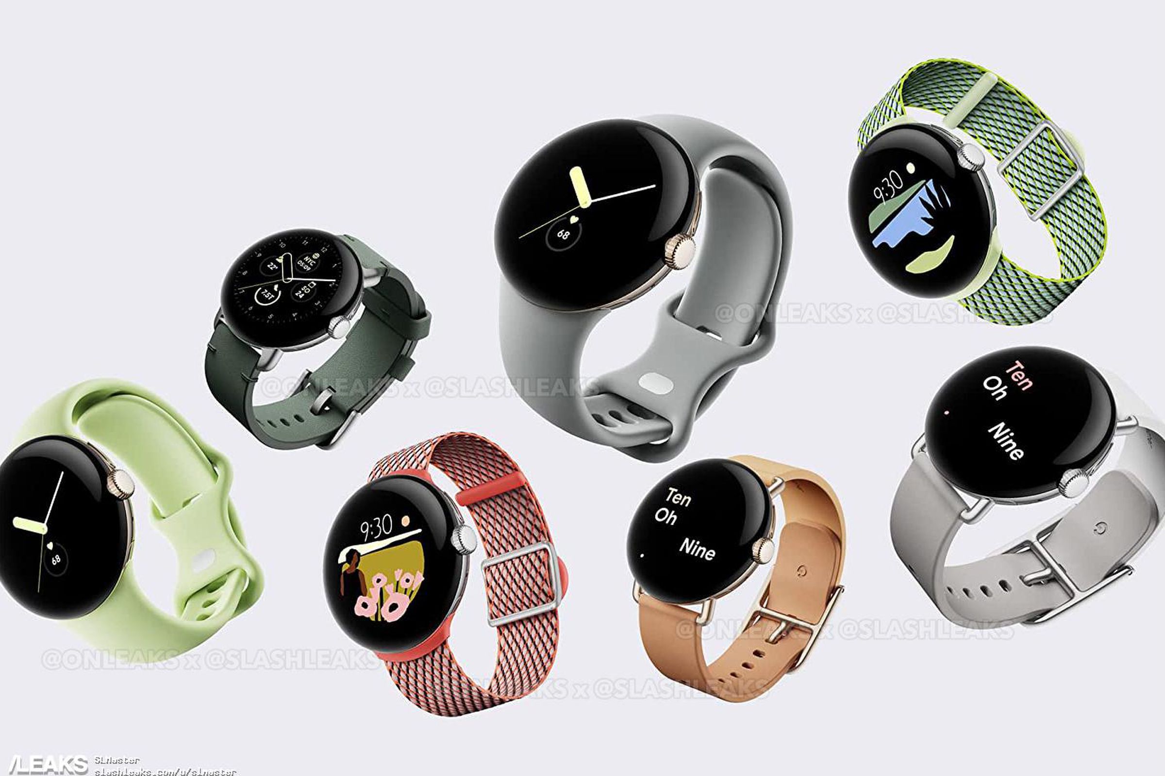 A leaked image showing a variety of Pixel Watches with different bands and watch faces