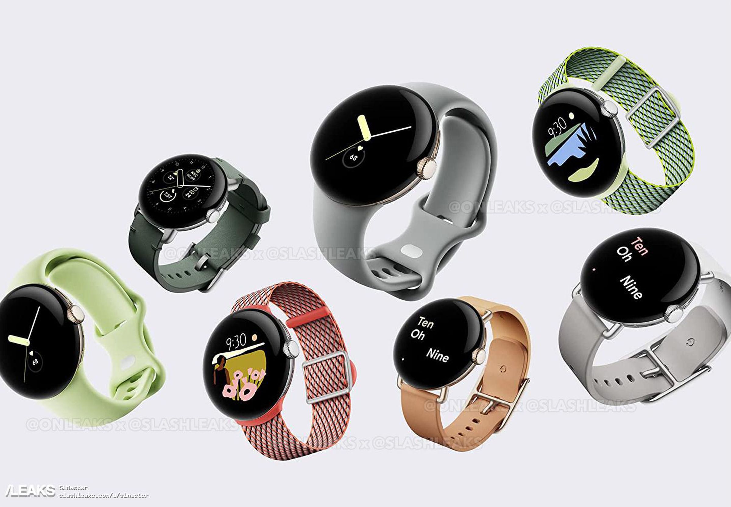 A leaked image showing a variety of Pixel Watches with different bands and watch faces