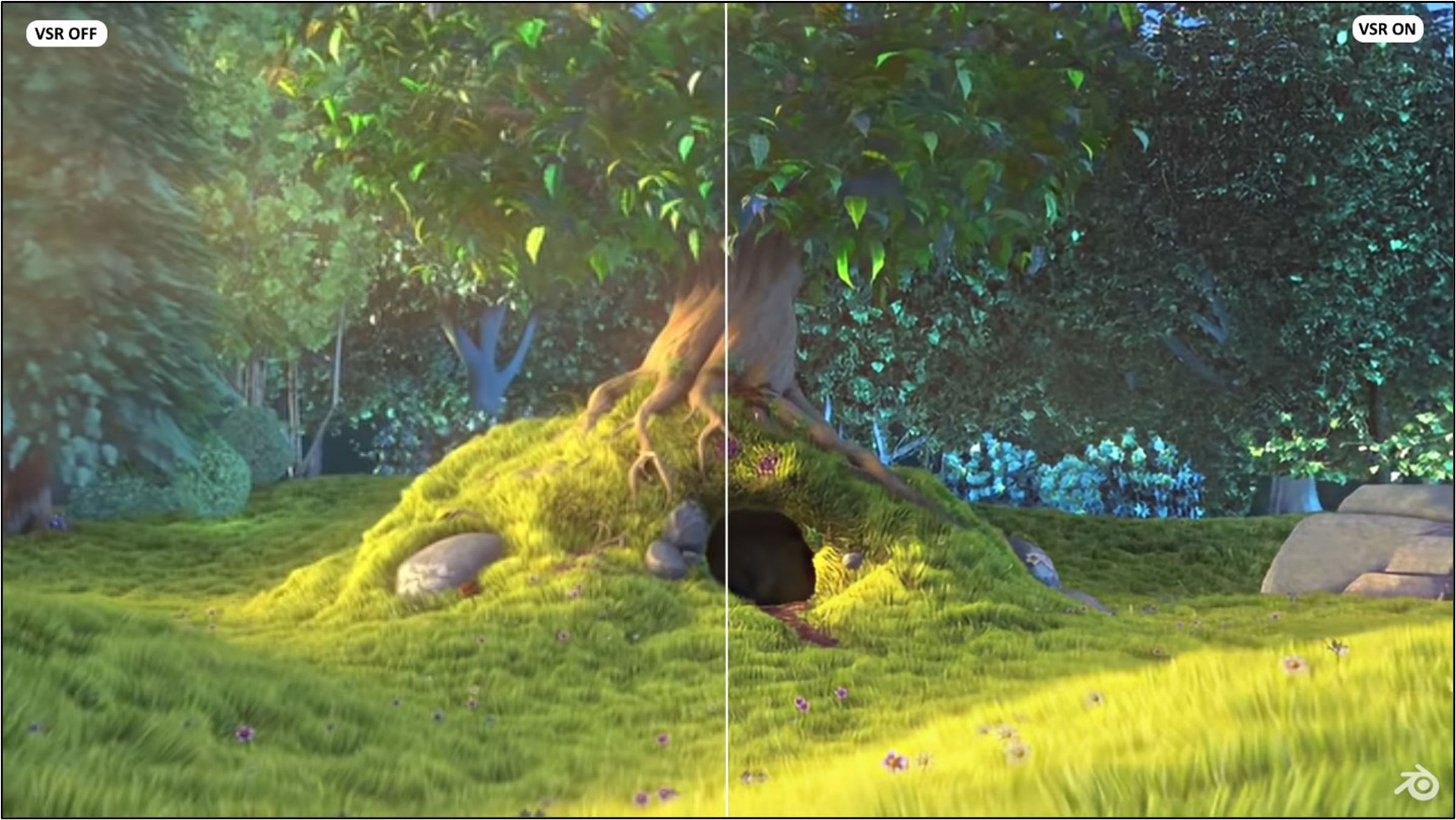 A split screen comparison of Microsoft Edge’s VSR tech improving the resolution of the Big Buck Bunny animation.