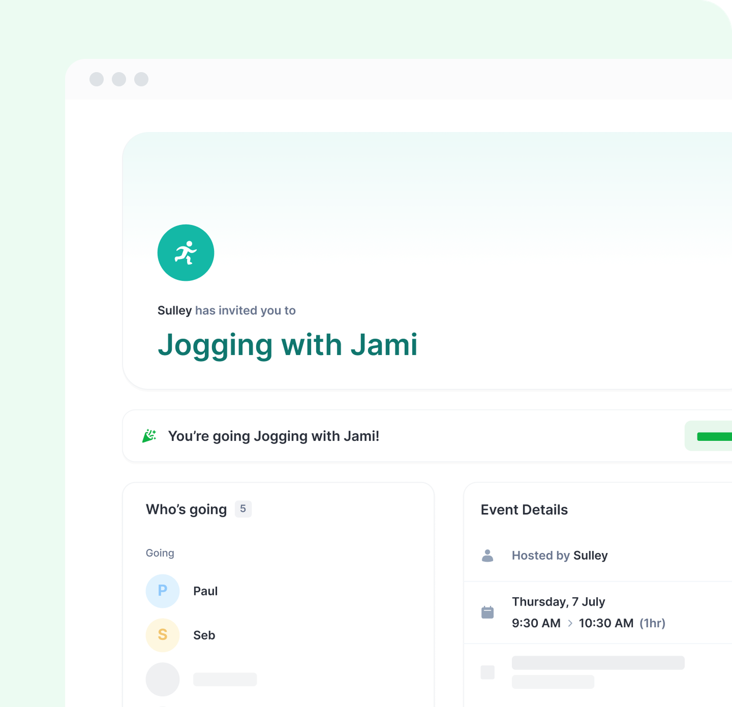 An event invitation for “Jogging with Jami” in Daybridge.