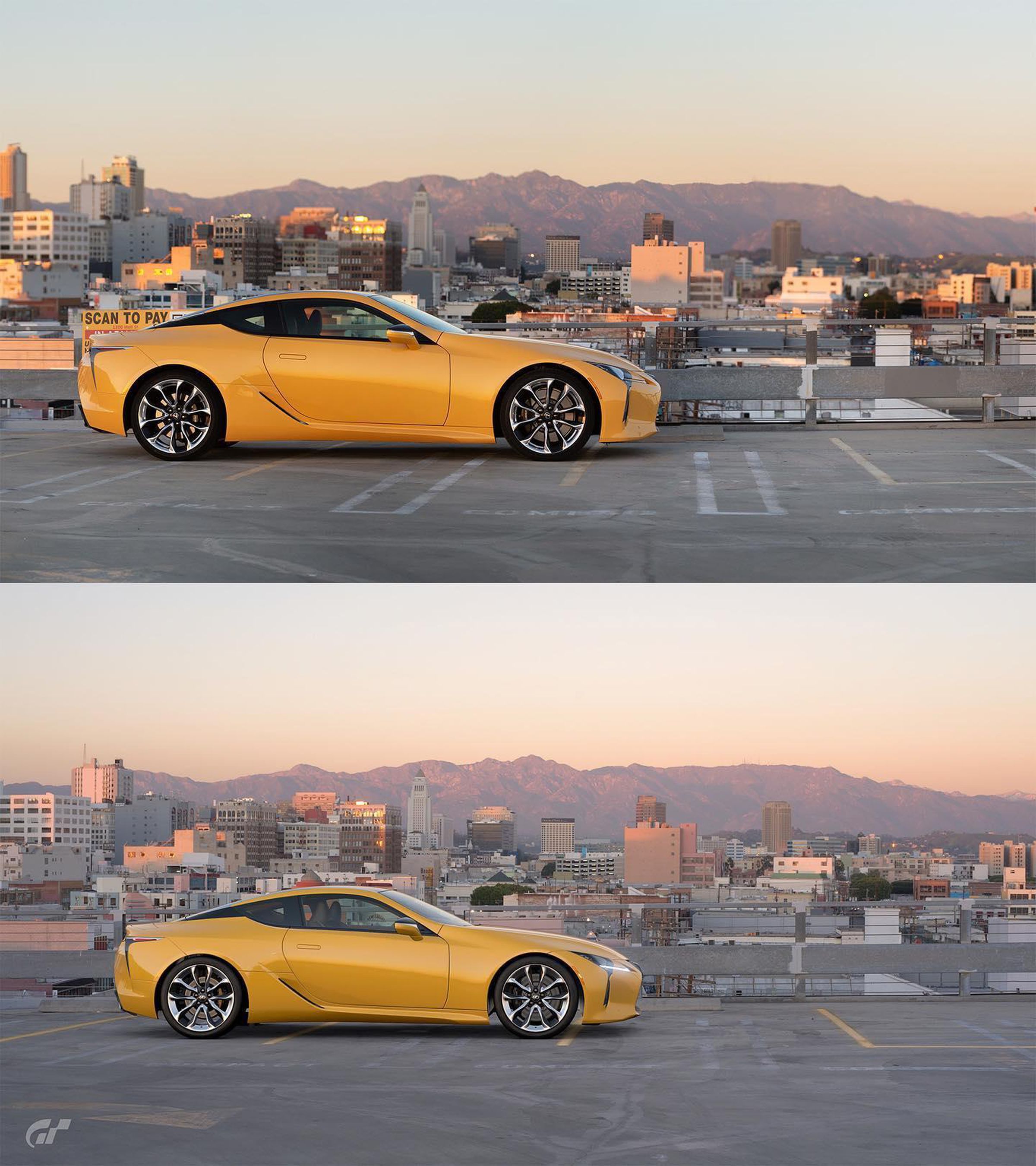 Two pictures of a yellow Lexus LC 500 — the top is the real thing, while the bottom is in-game. Both taken in Los Angeles, CA.