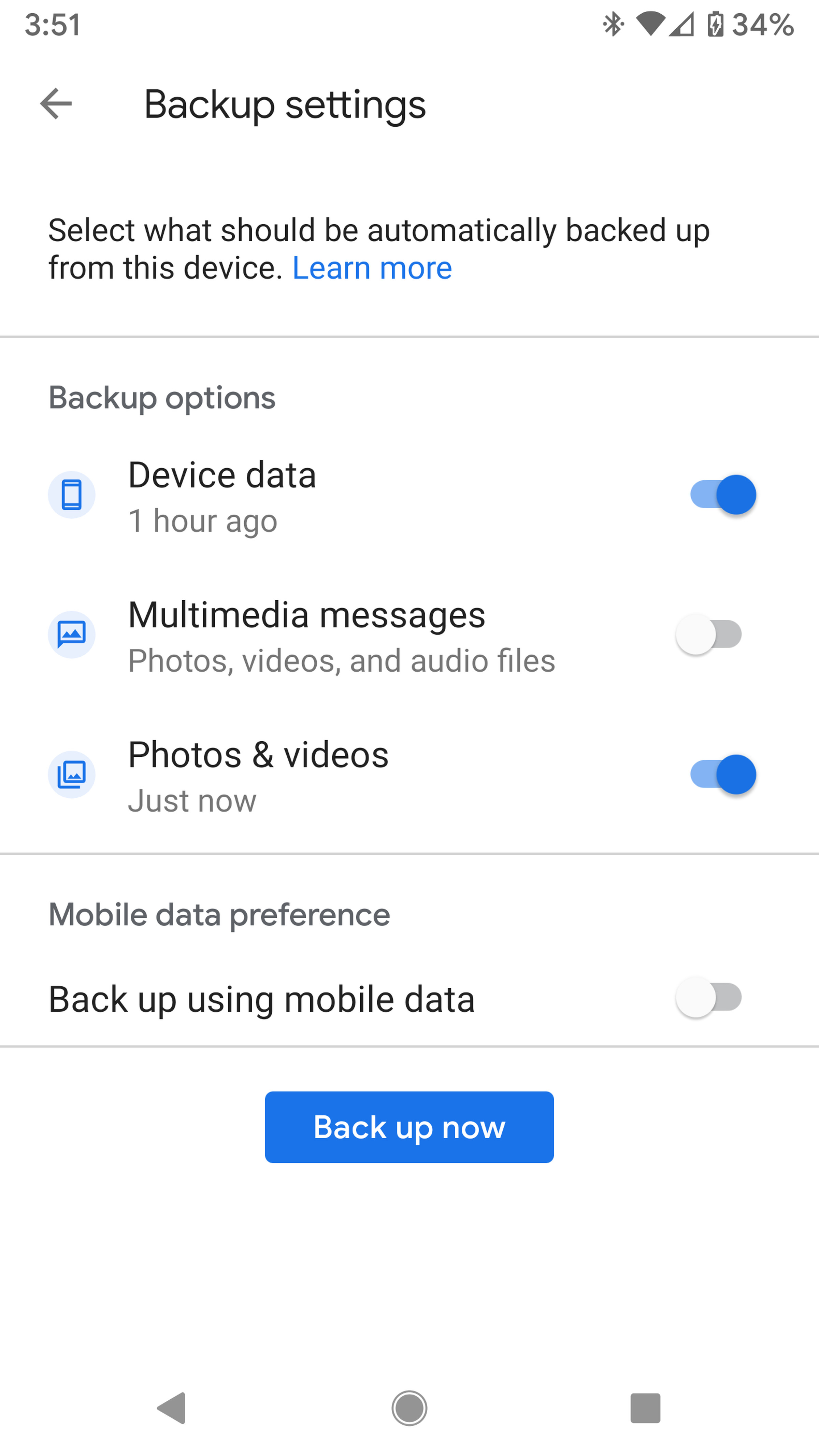 You can then choose among three types of data to back up via Google One.
