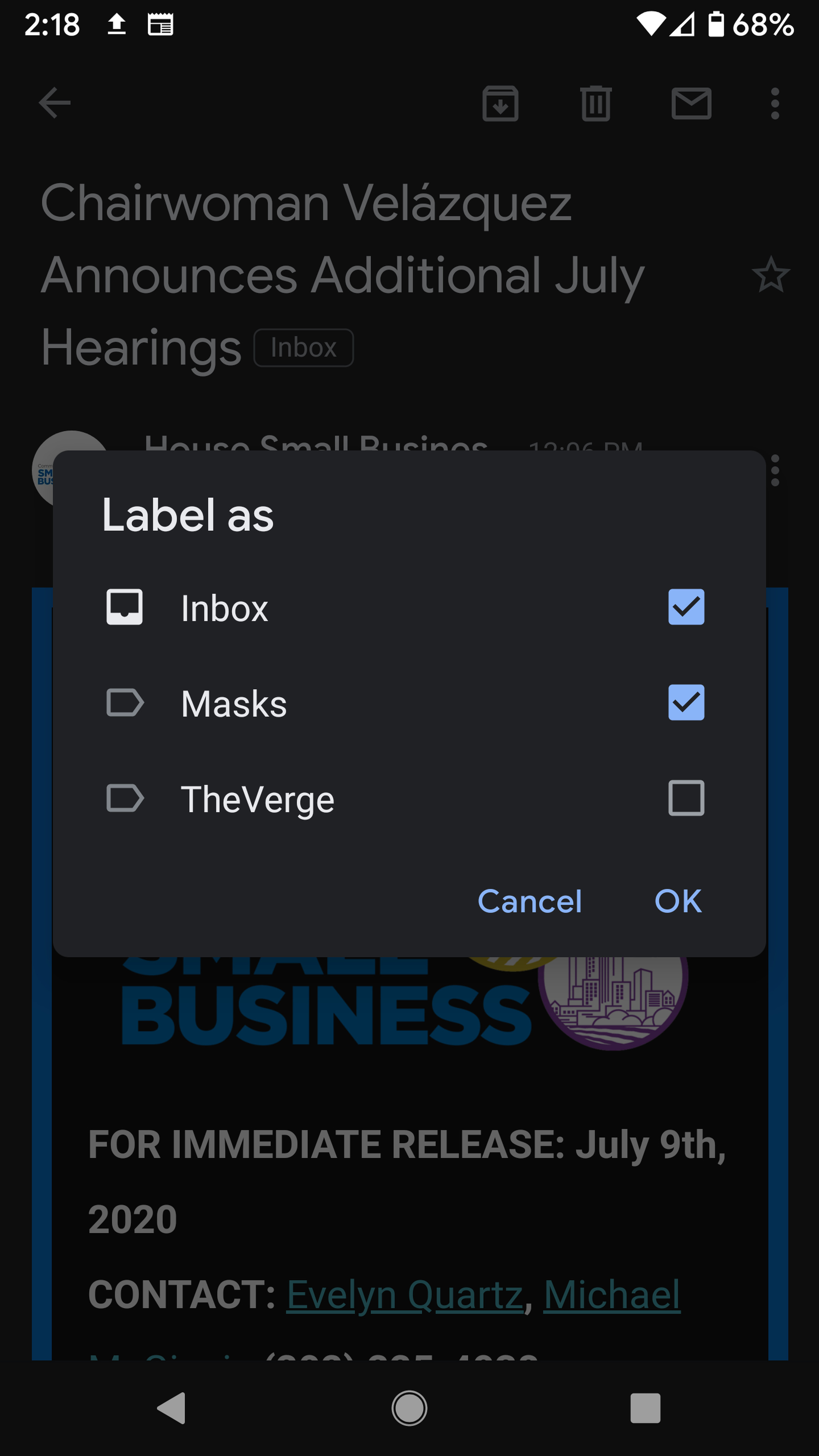 Select the labels you want to apply to the email.