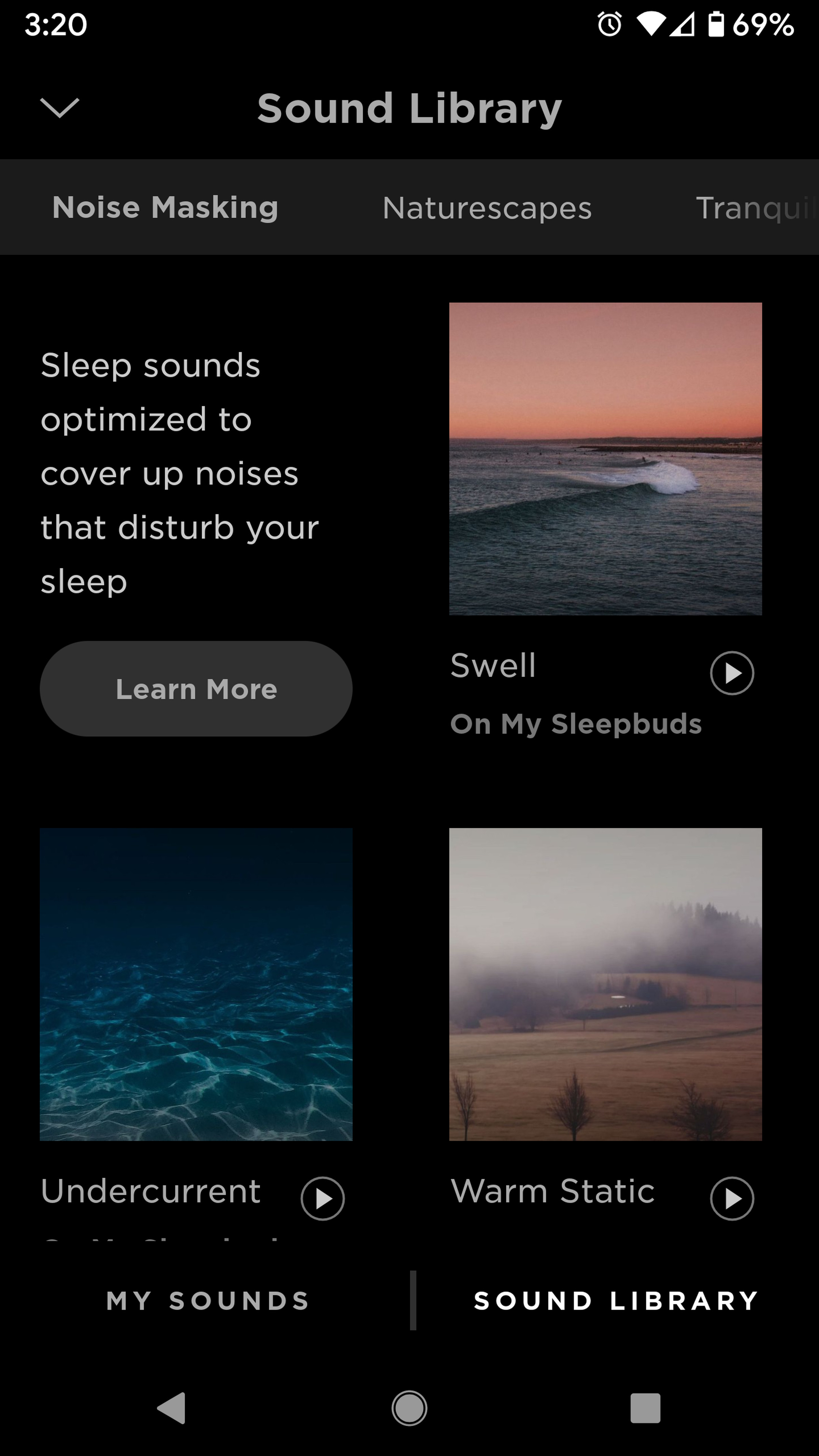 The Sleep app lets you choose a sound for the night; you can also set an alarm.