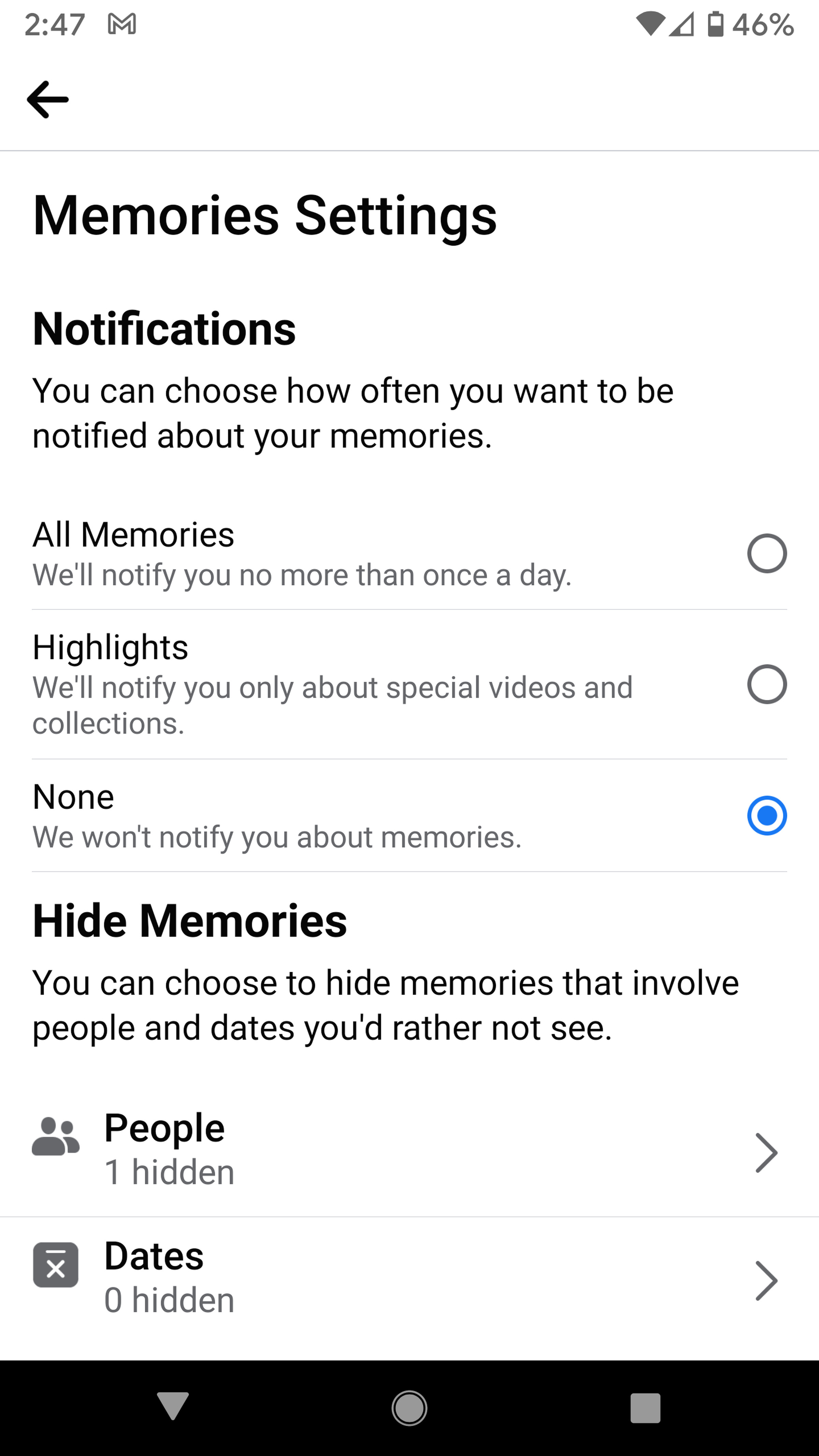 Besides hiding people or dates, you can choose how often to be notified about Memories.