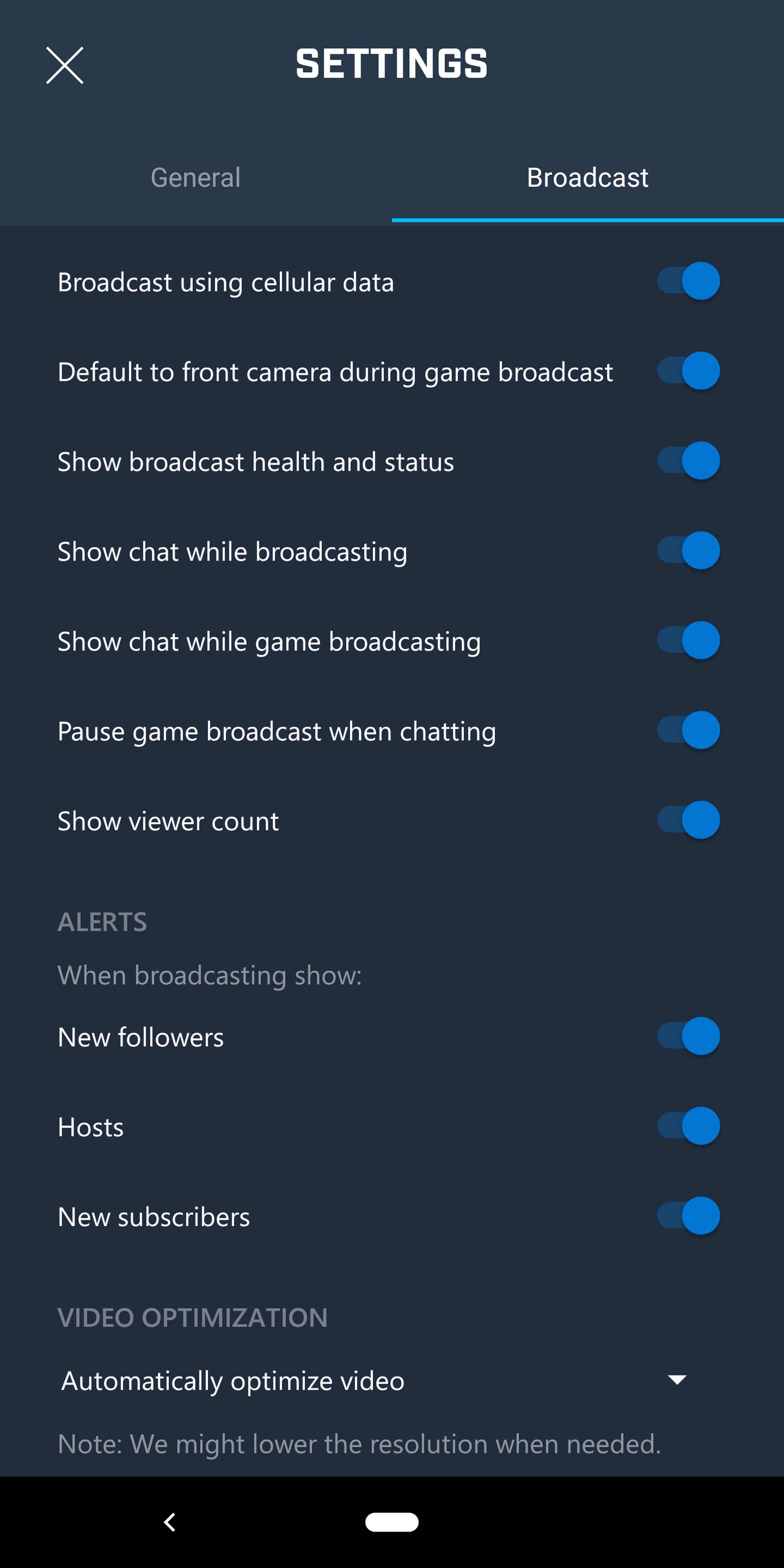 Mixer Create broadcast settings