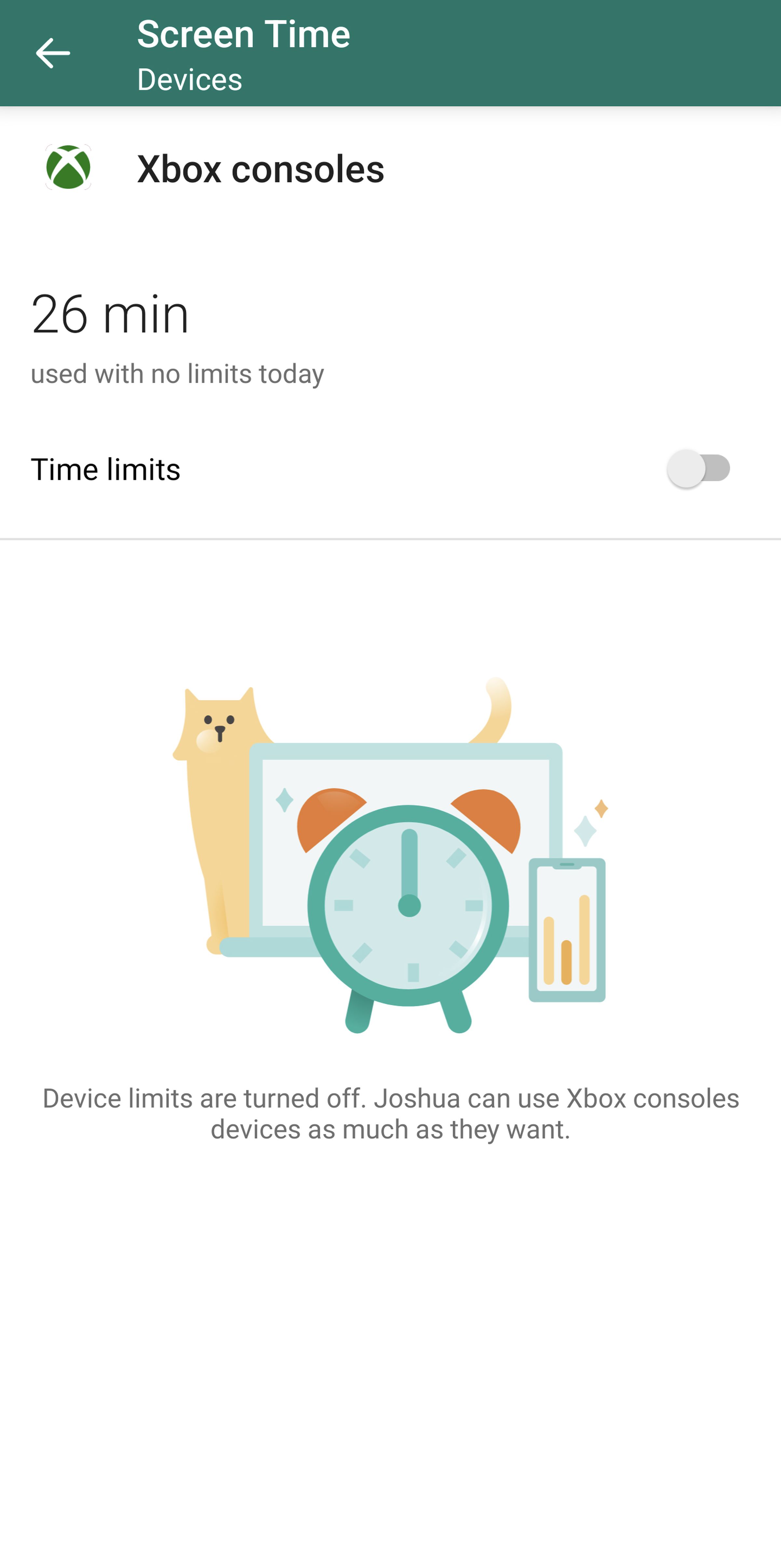 Mobile screen labeled Xbox consoles, the words 26 min beneath that, a toggle labeled Time limits, and a drawing of an alarm clock in front of a screen.
