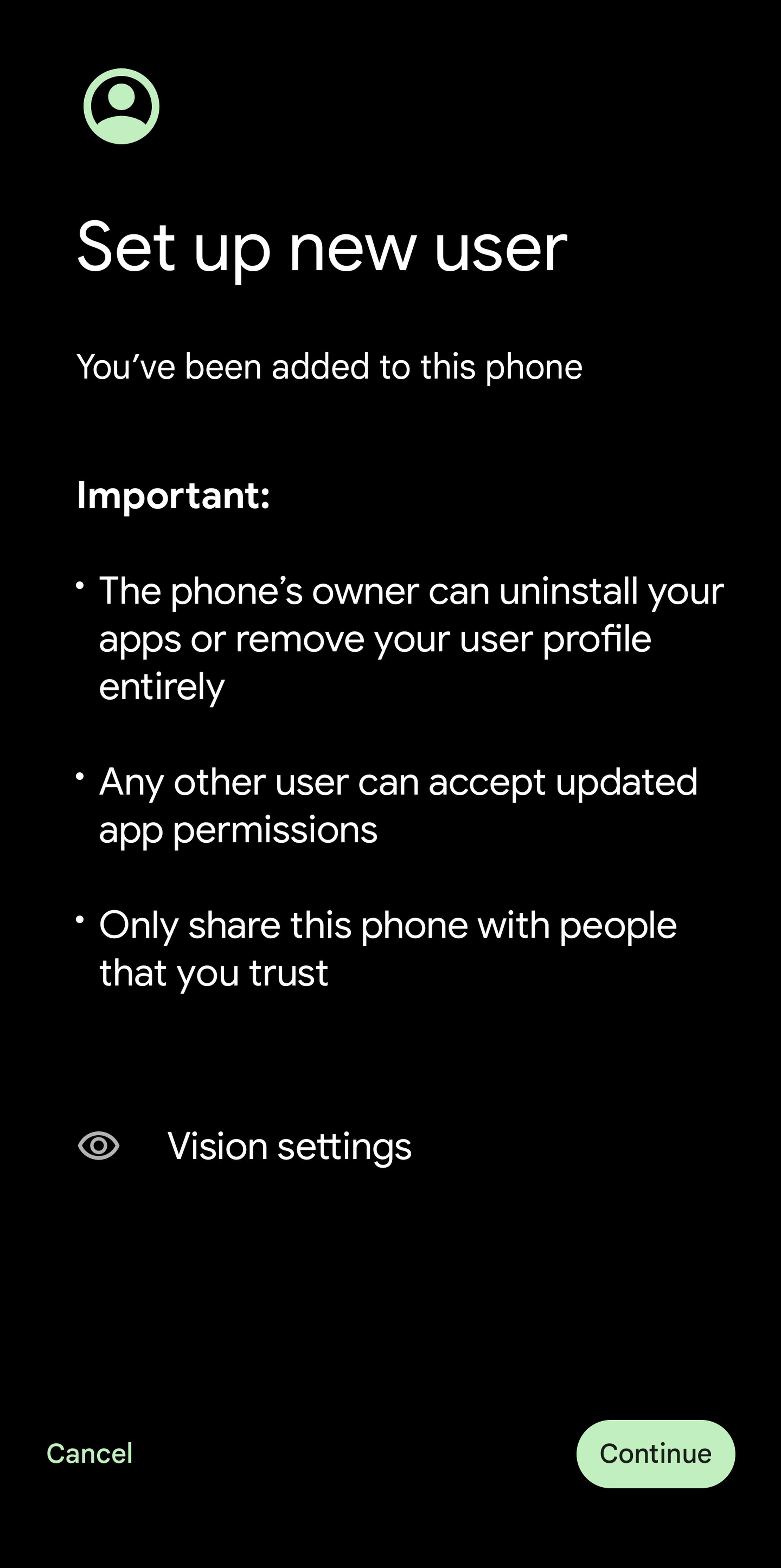 Mobile screen headed “Set up new users” with some rules that are labeled “Important.”