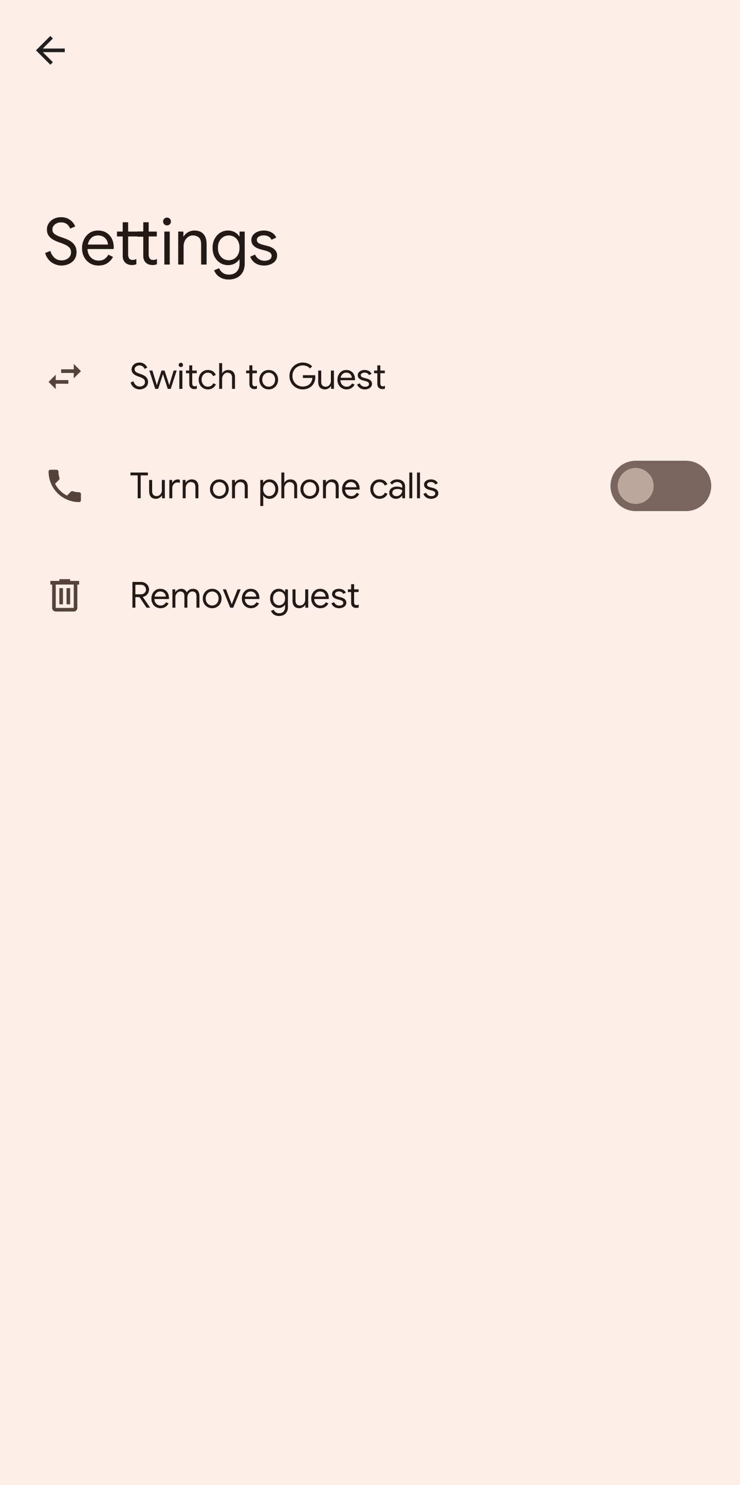 Mobile screen headed Settings and including three choices: Switch to Guest, Turn on phone calls, and Remove guest.
