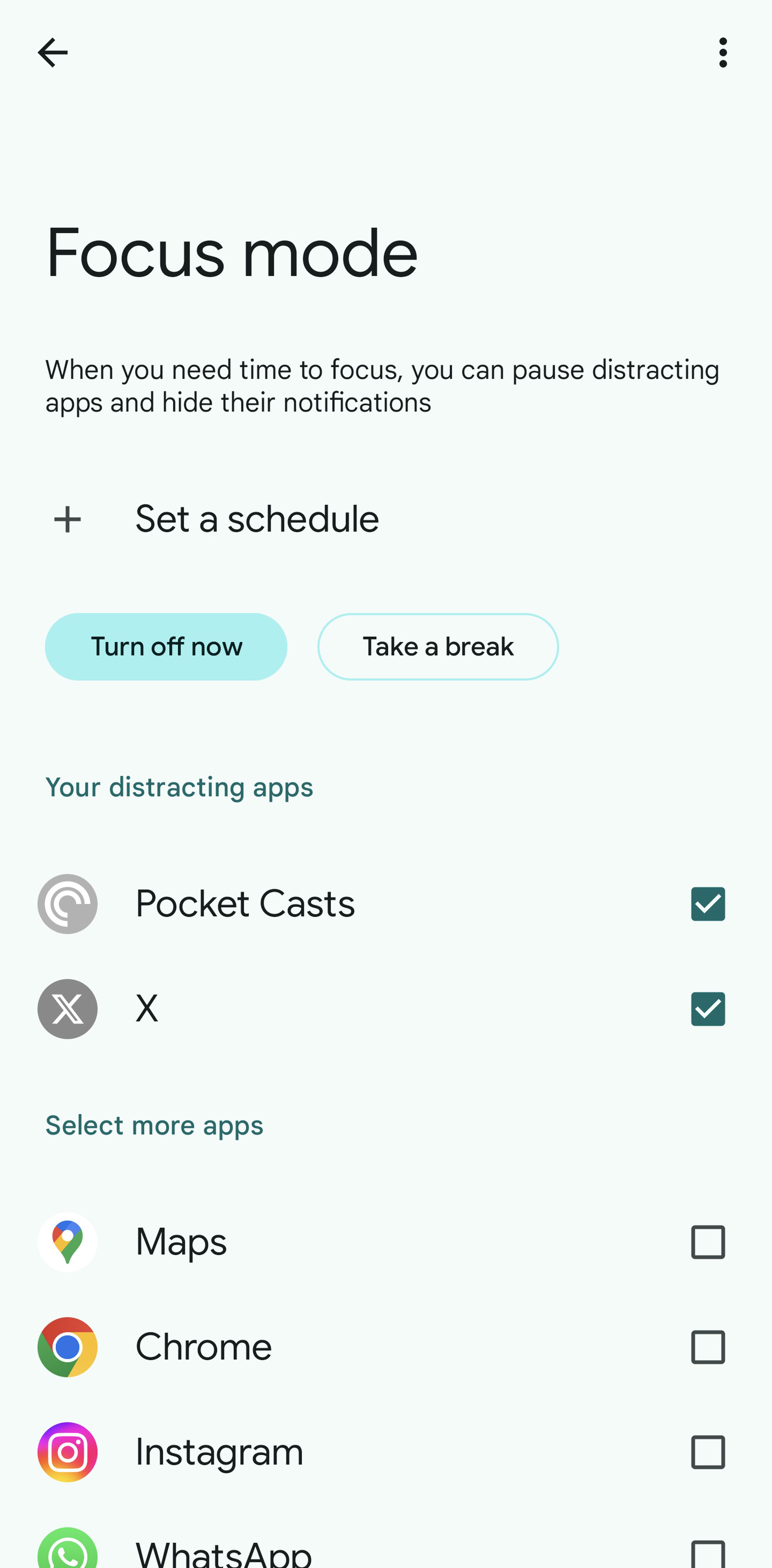 Mobile screen headed Focus mode, then “Set a schedule” with a list of various apps below it.