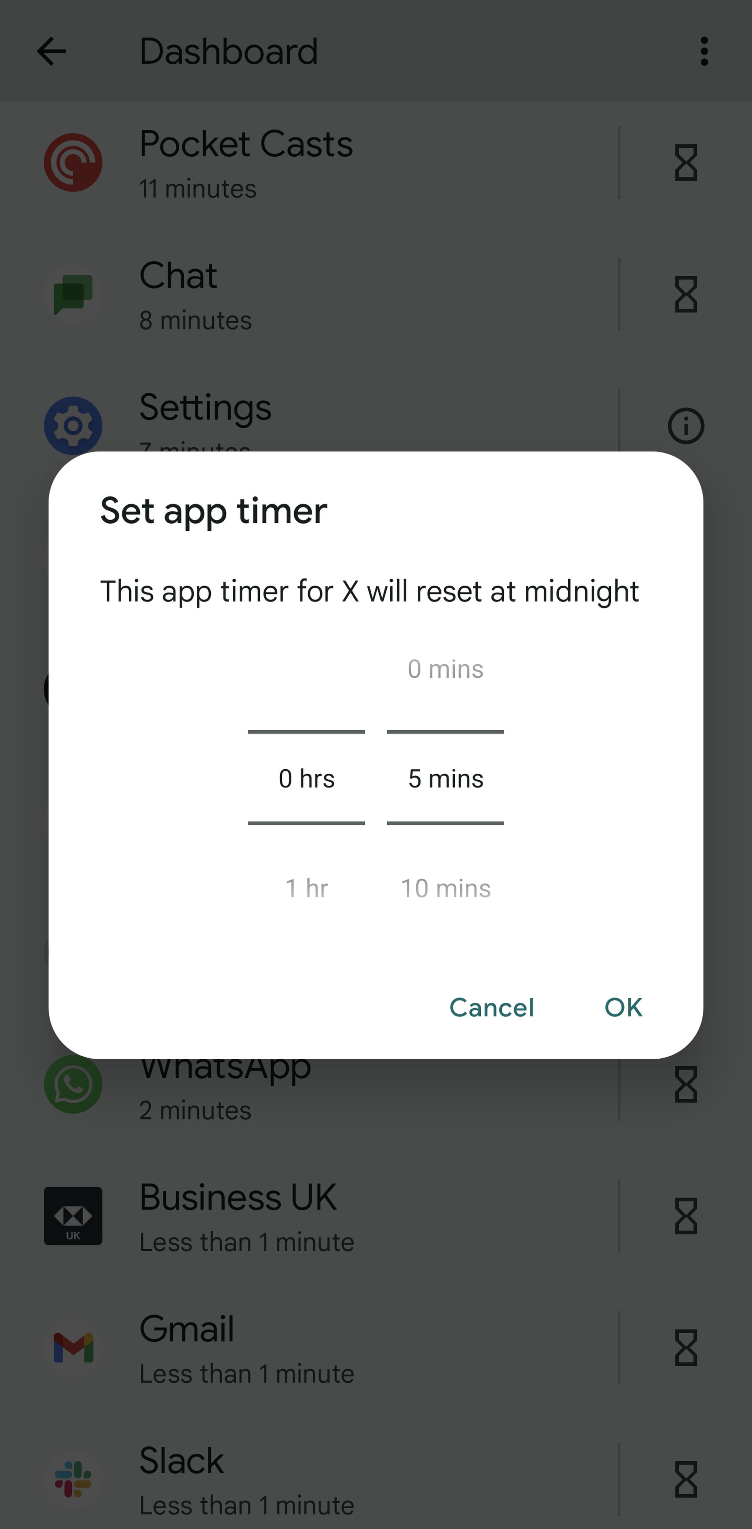 Pop-up windows headed “Set app timer” with a time set of 0 hrs and 5 mins.
