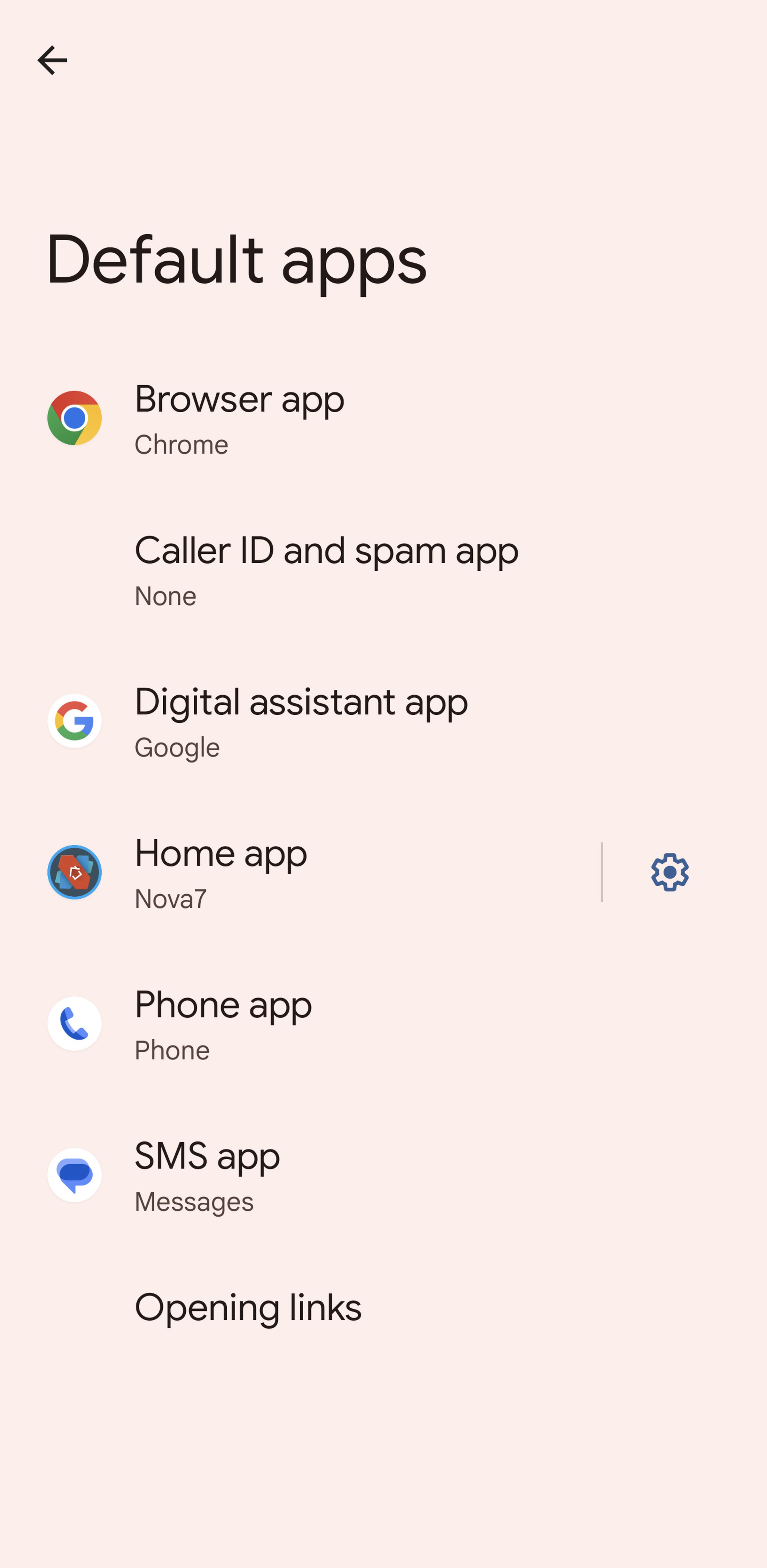 Default apps page on Android phone, listing Browser app, Caller ID and spam app, Digital assistant app, Home app, Phone app