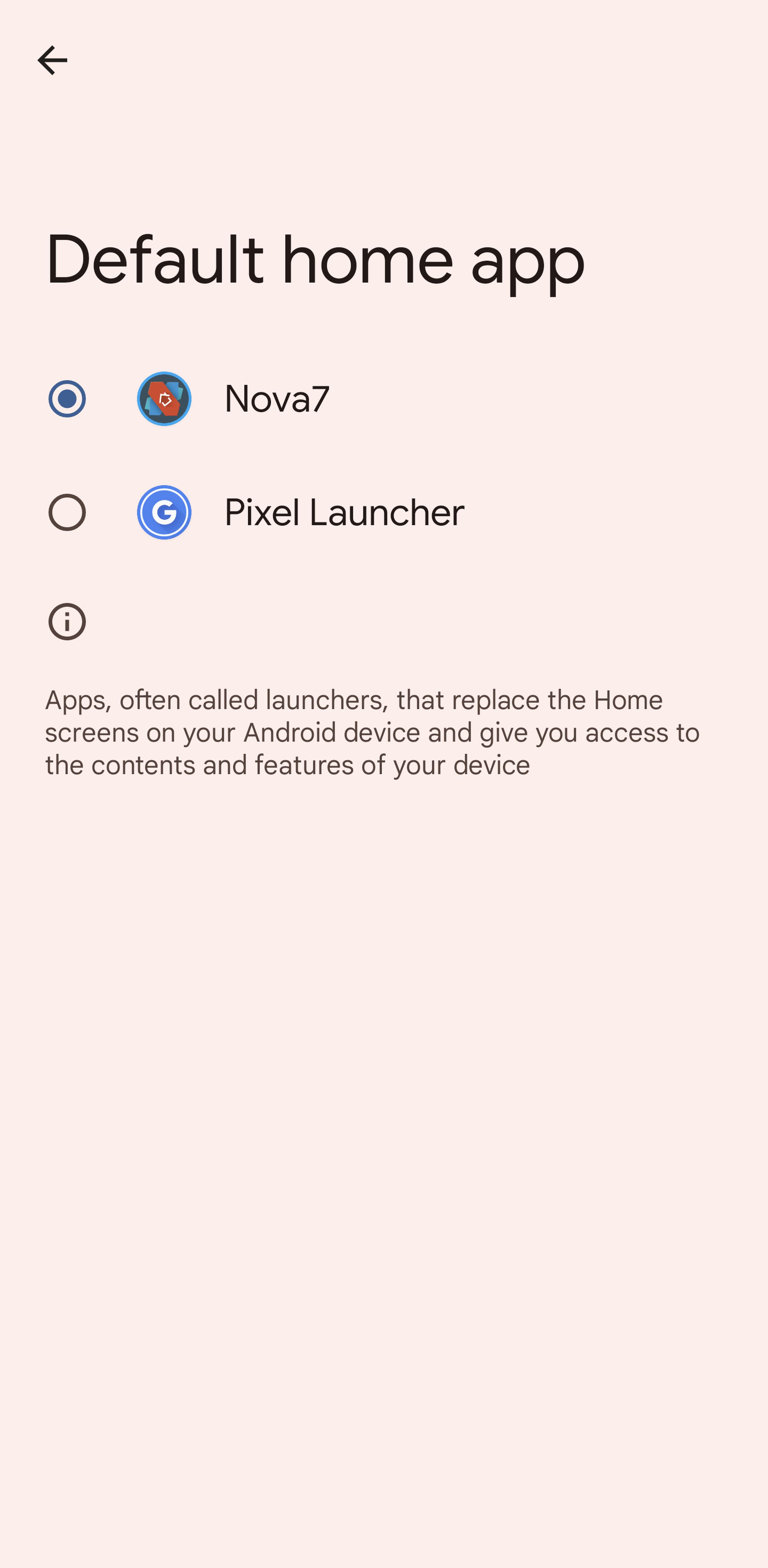Default home app page listing Nova7 and Pixel launcher.