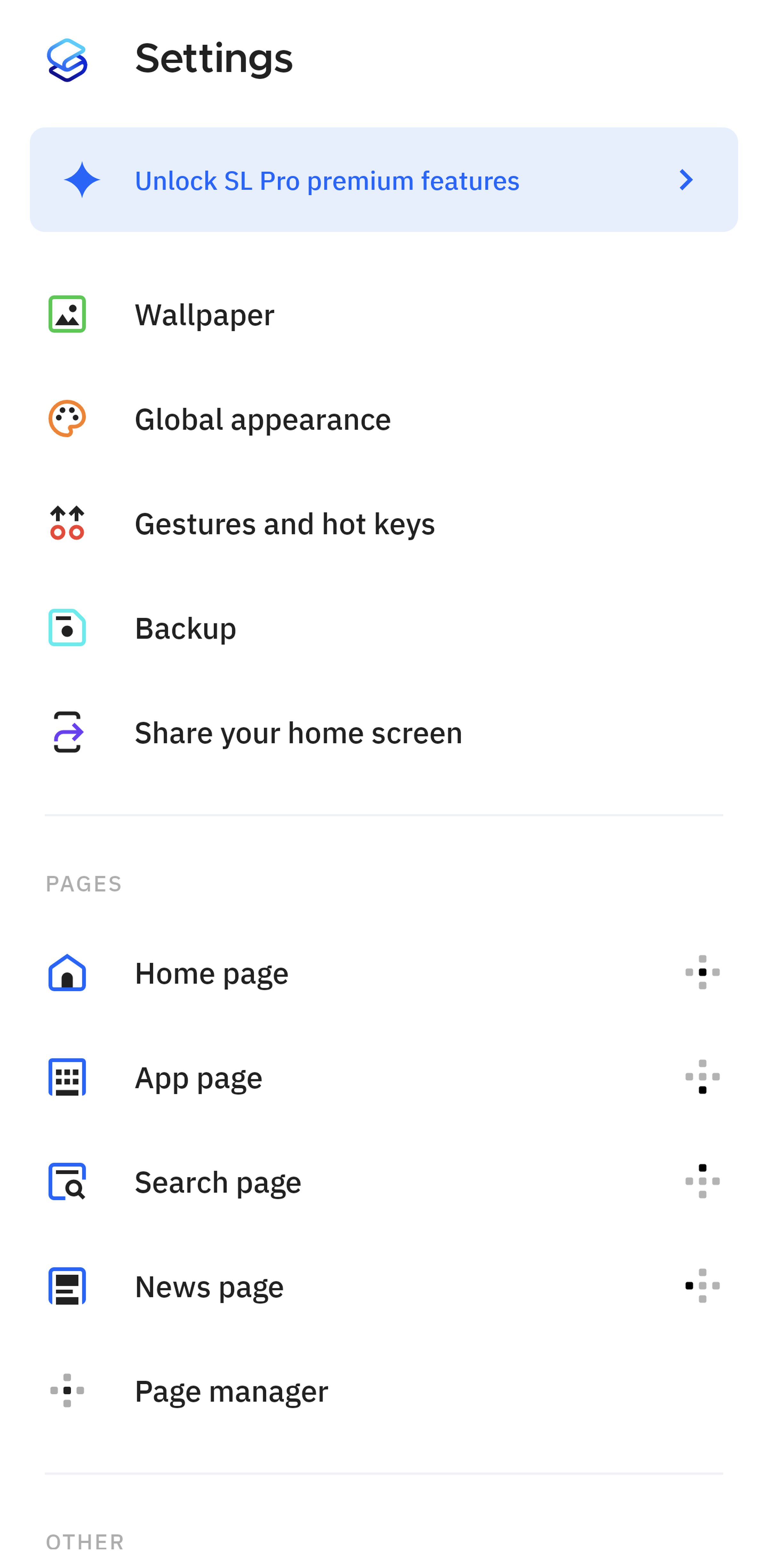Page with Settings on top, and a list of features such as Wallpaper, Global appearance, Gestures and hot keys, etc.