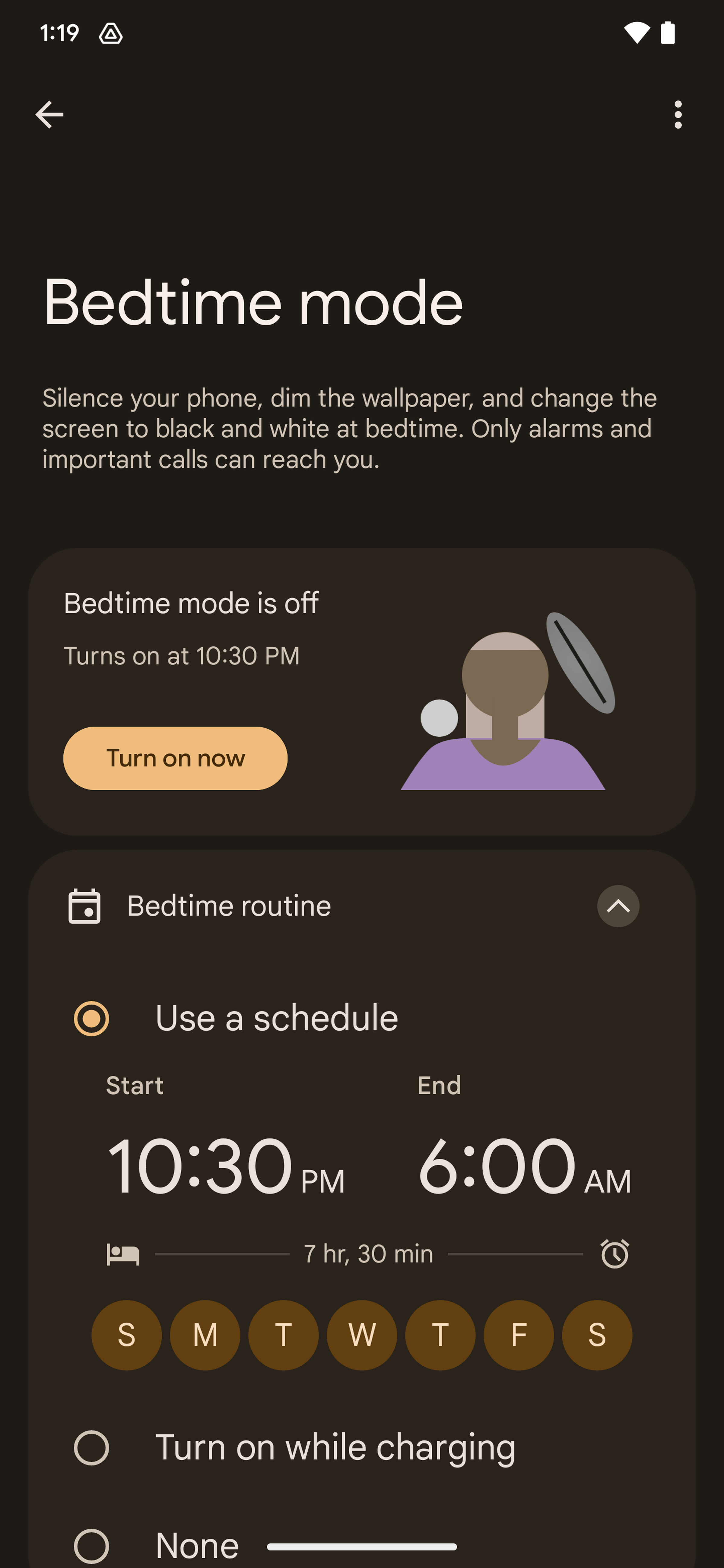 Screenshot of Bedtime mode schedule options