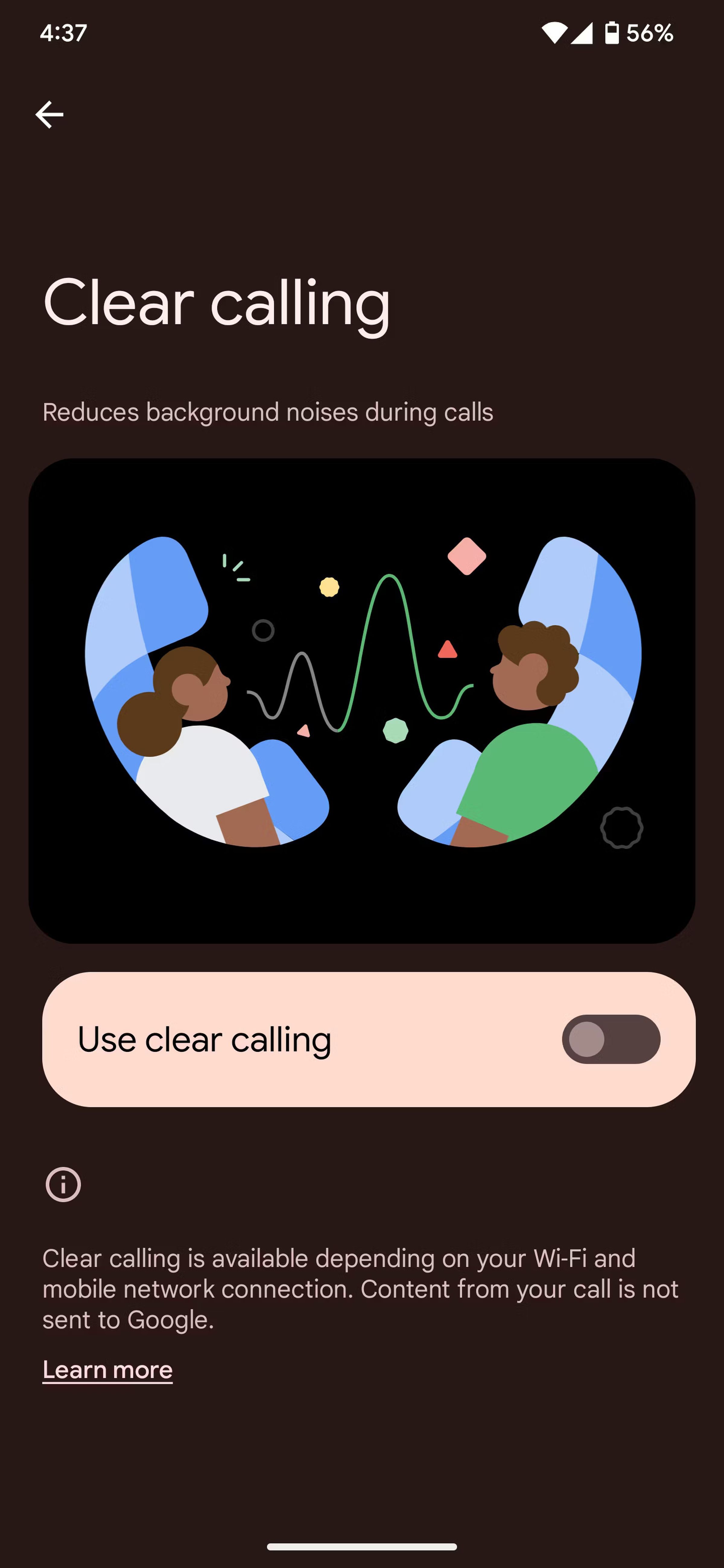 A screenshot of Androids Clear Calling feature as it appears in the current Beta.