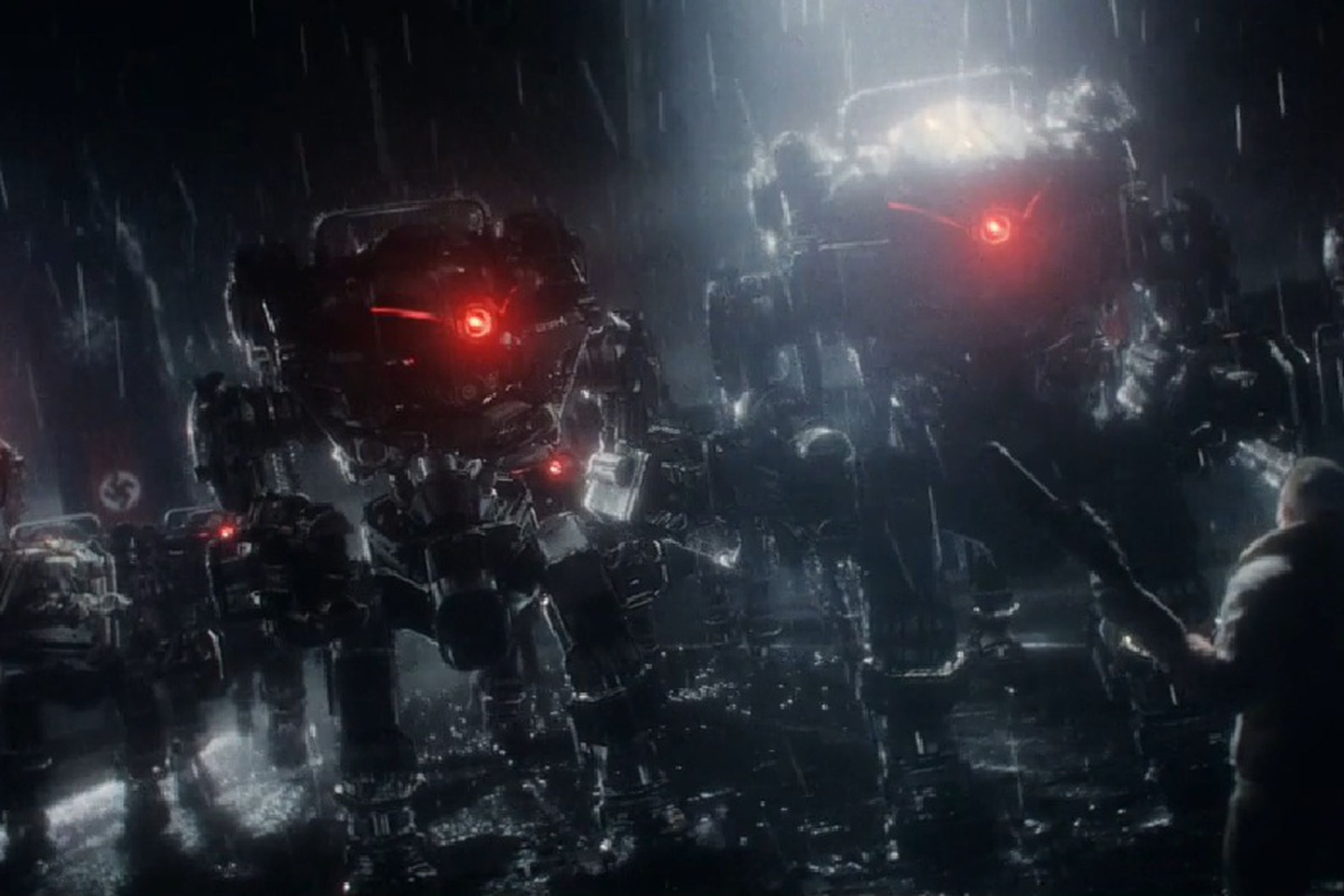 Wolfenstein: The New Order trailer screen cap from 2013 featuring big robot dudes with singe red eyes wrecking stuff in a rainy dark outdoor setting