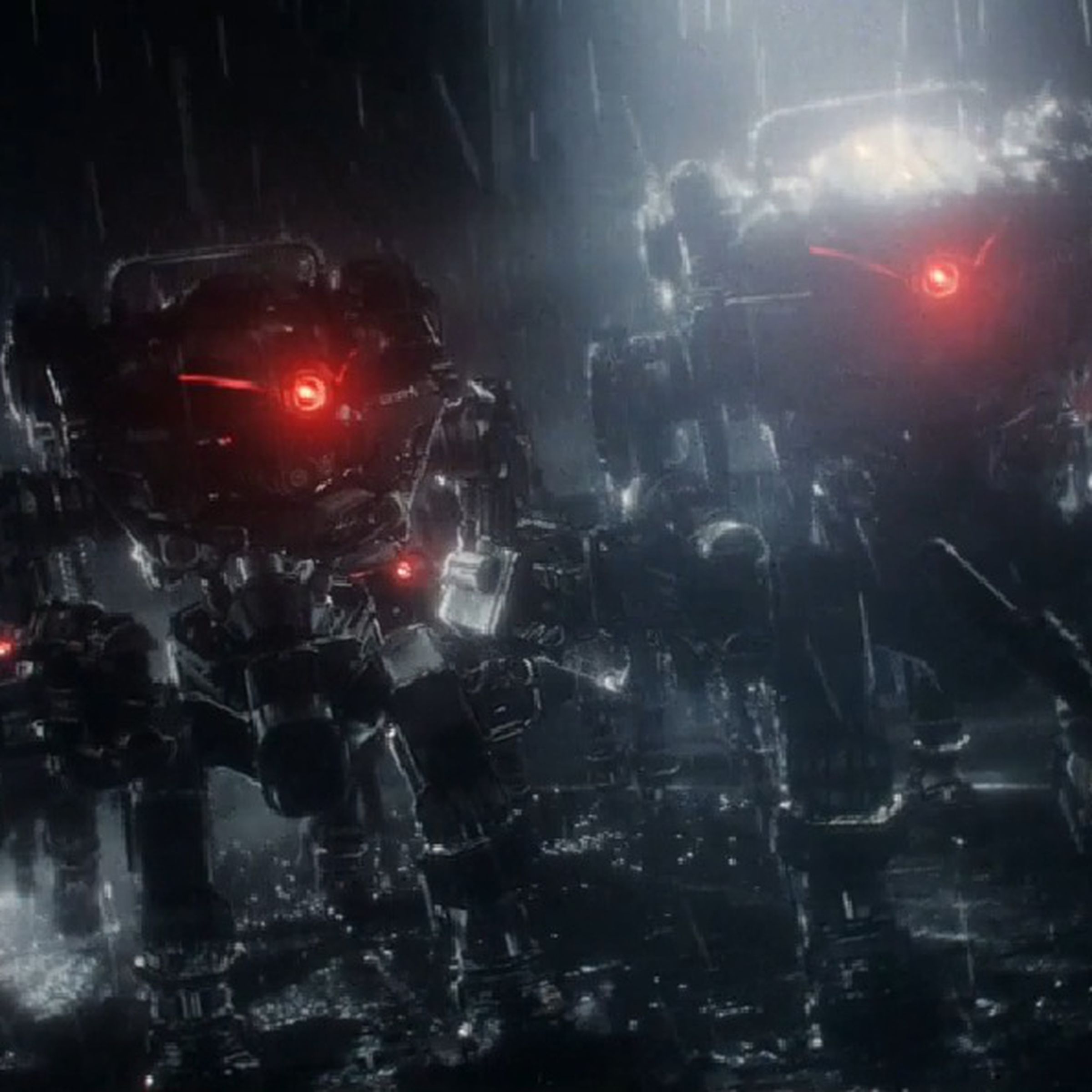 Wolfenstein: The New Order trailer screen cap from 2013 featuring big robot dudes with singe red eyes wrecking stuff in a rainy dark outdoor setting