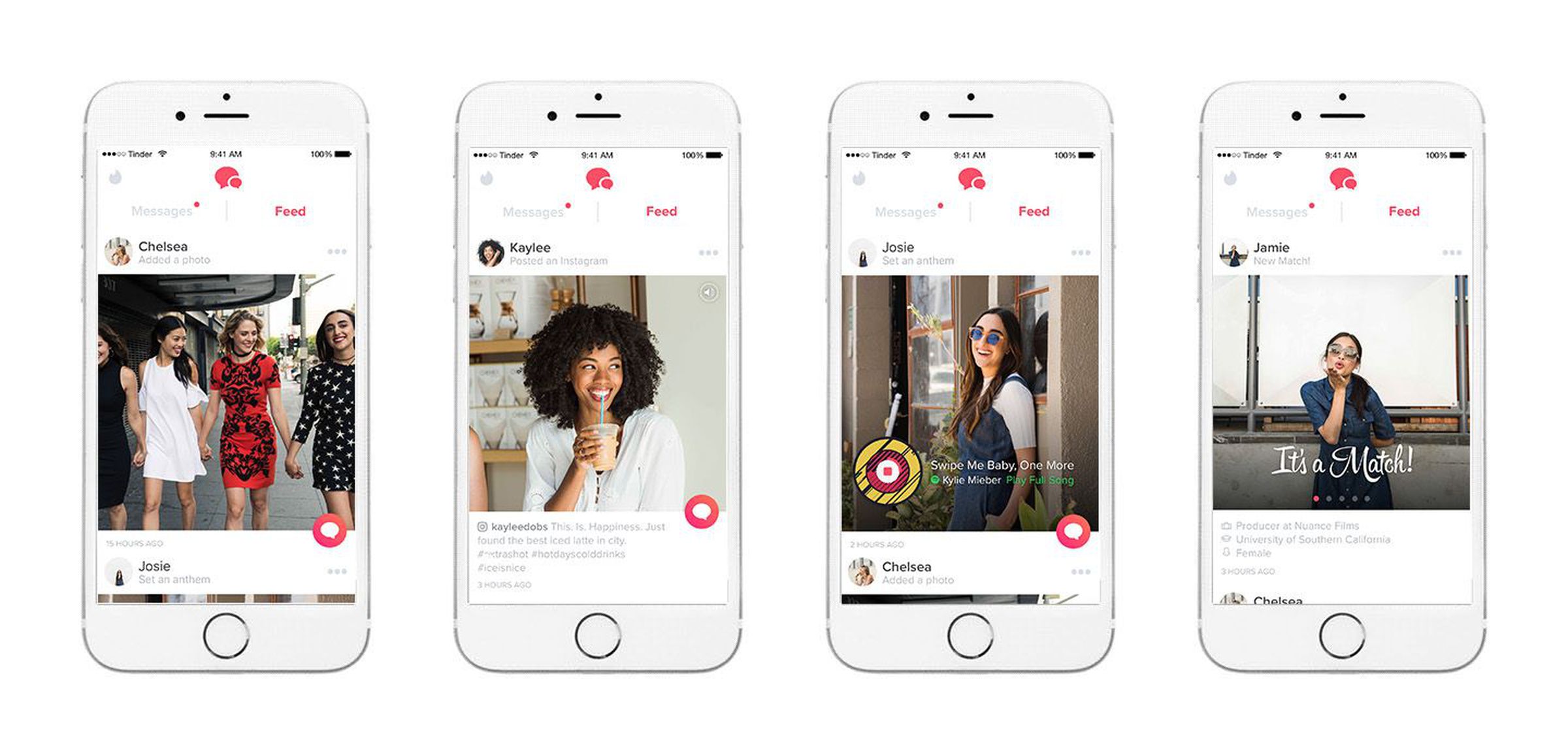 During testing, the Tinder Feed showed a match’s recent Instagram uploads. But that feature has been removed from the final version. 